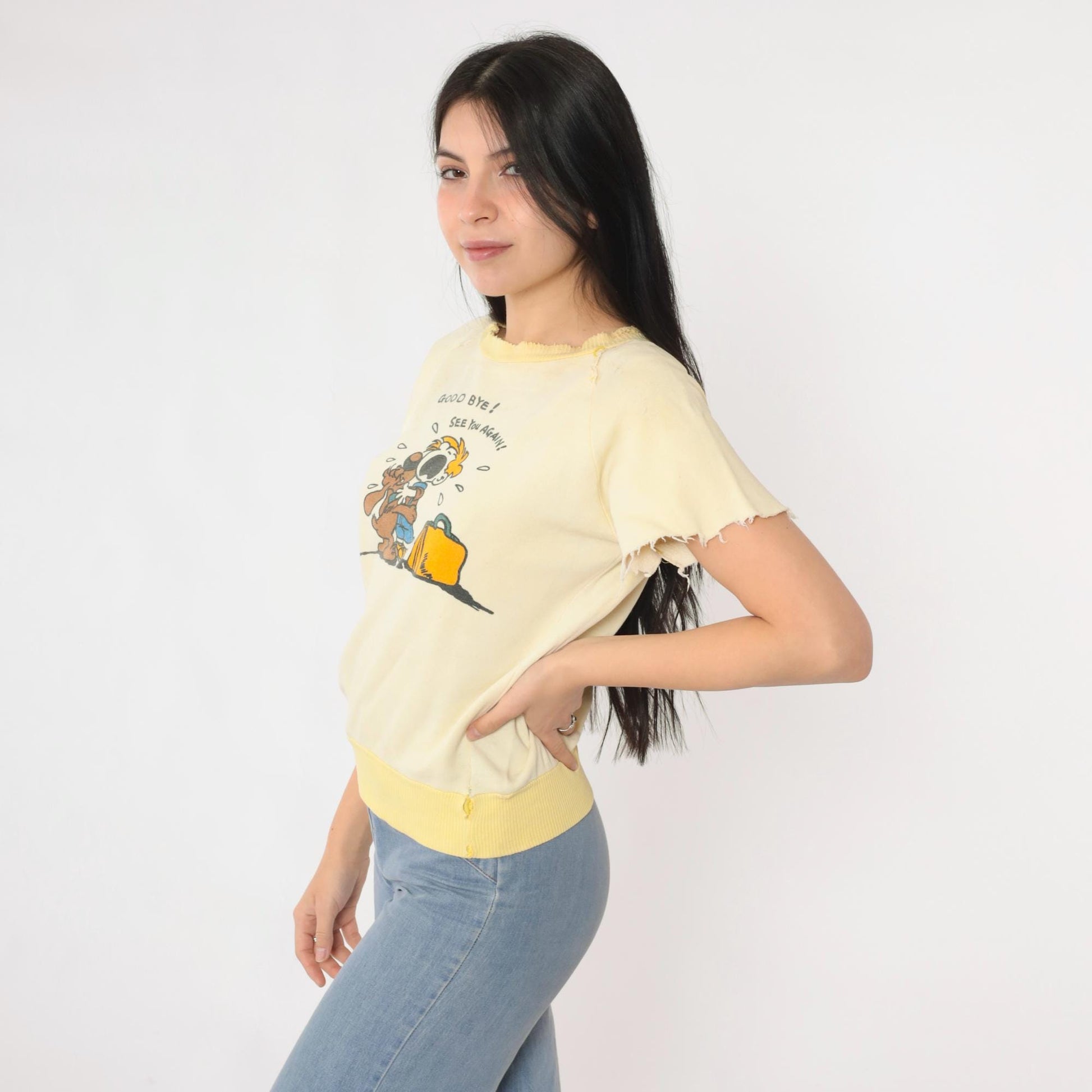 80s Graphic Sweatshirt Tee Yellow Goodbye See You Again Cartoon Extra Small