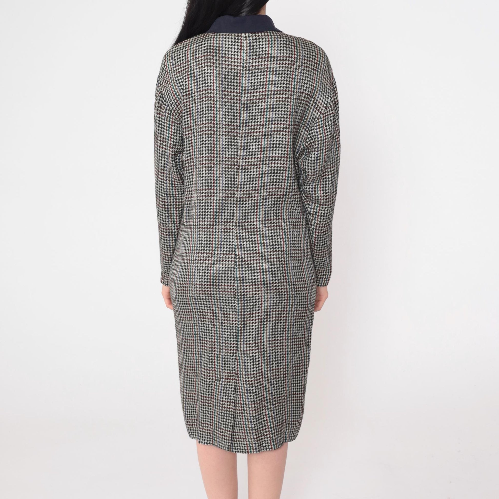90s Houndstooth Midi Shirtdress Black White Checkered Button-Up Large