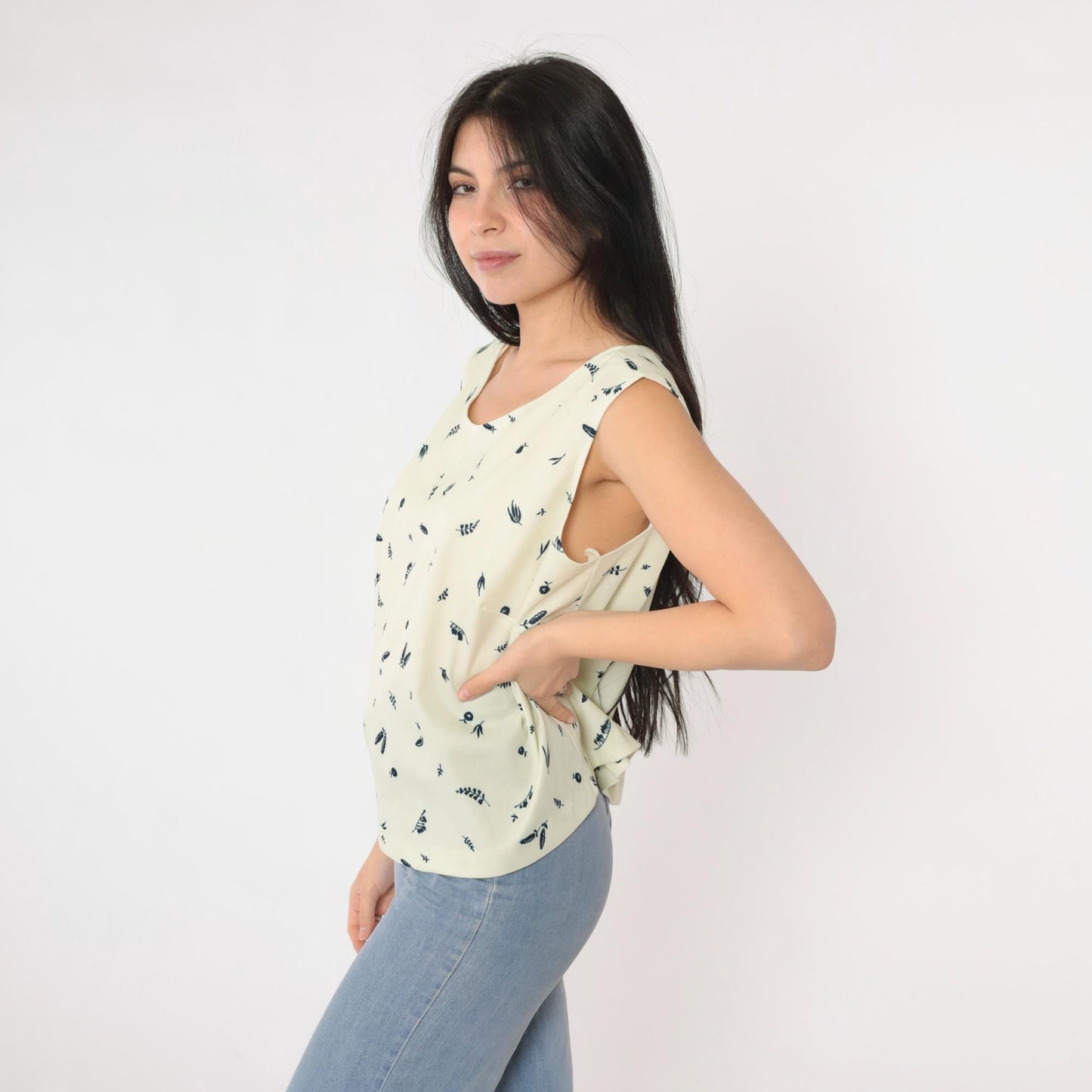 70s Cream Floral Tank Top Botanical Print Sleeveless Blouse Large L
