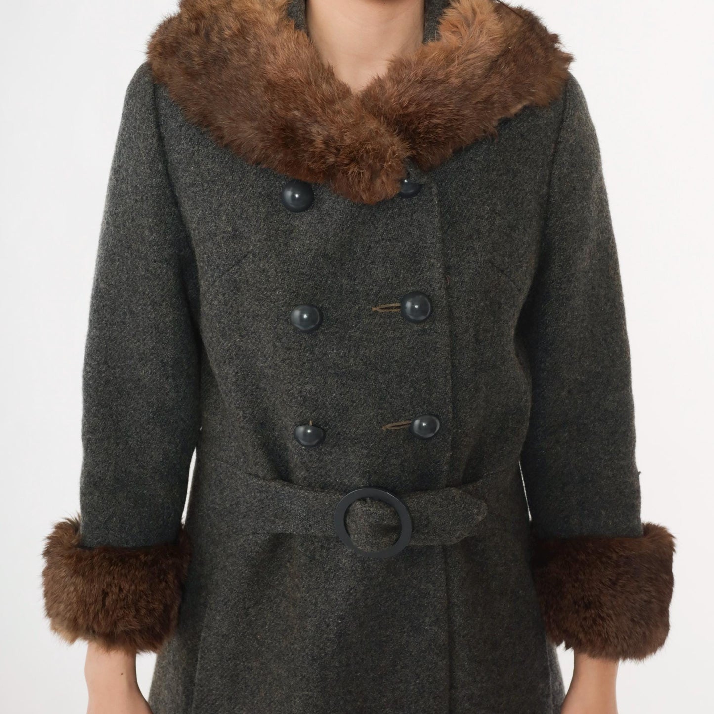 1960s Wool Pea Coat Charcoal Grey Fur Collar Double Breasted Extra Small
