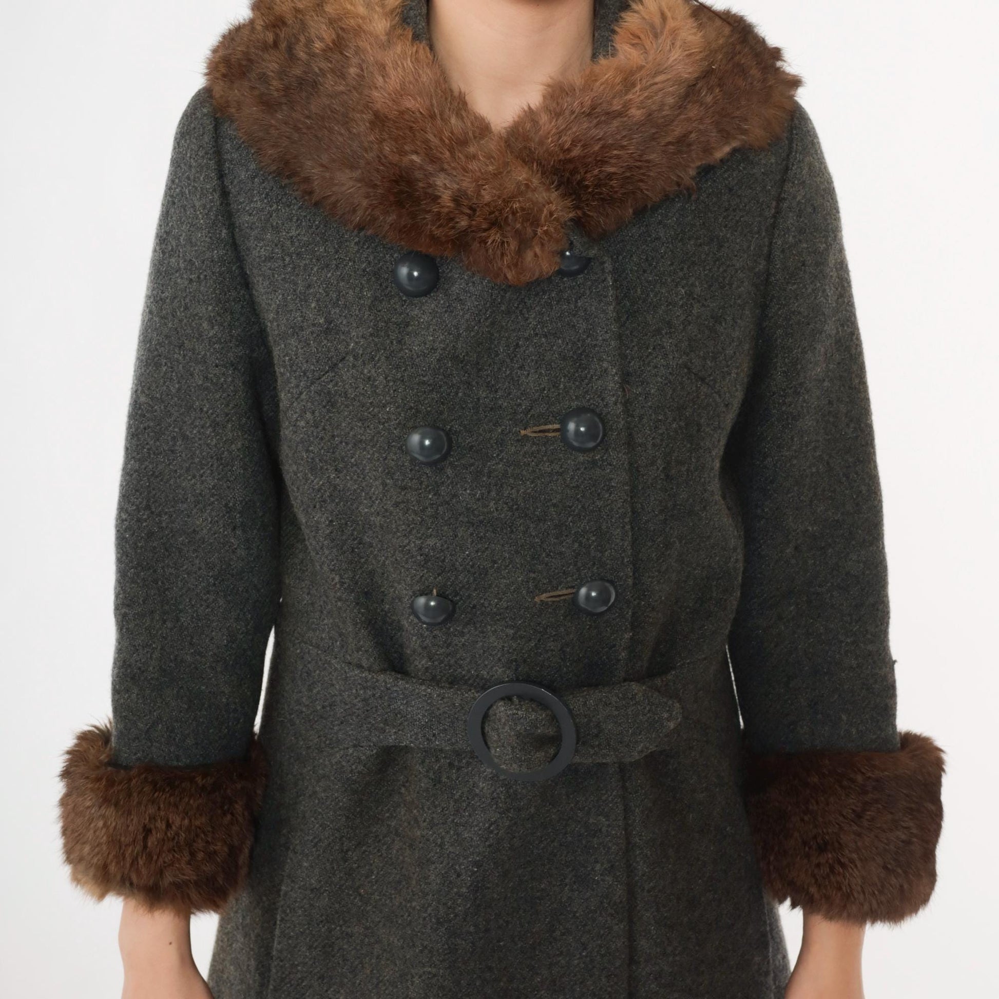 1960s Wool Pea Coat Charcoal Grey Fur Collar Double Breasted Extra Small