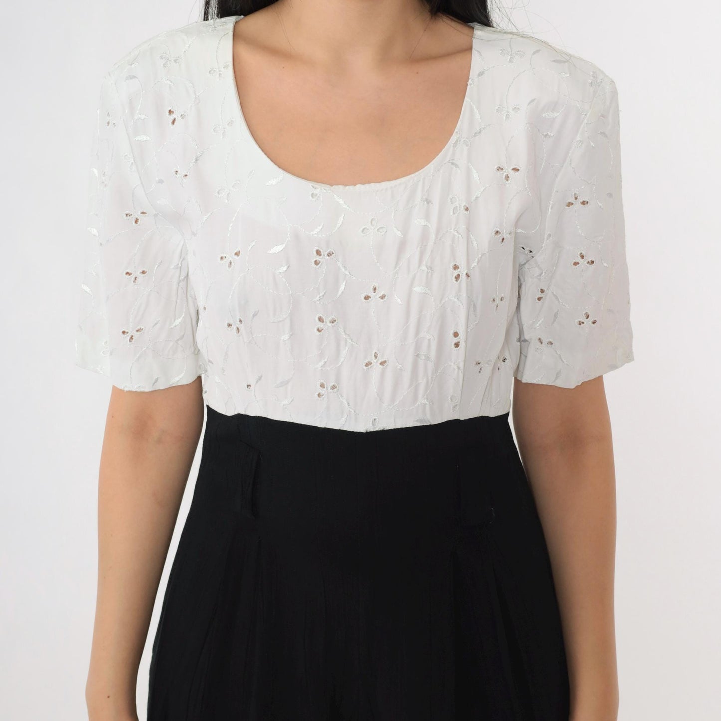 80s Black White Eyelet Lace Jumpsuit Scoop Neck High Waist Small