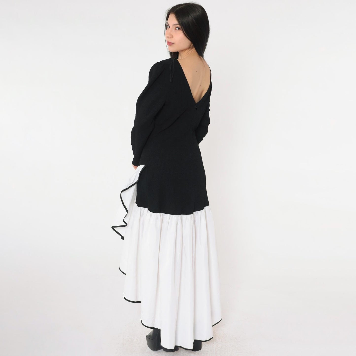 80s Black White Asymmetrical Maxi Dress Puff Sleeve V Back Ruffle Medium