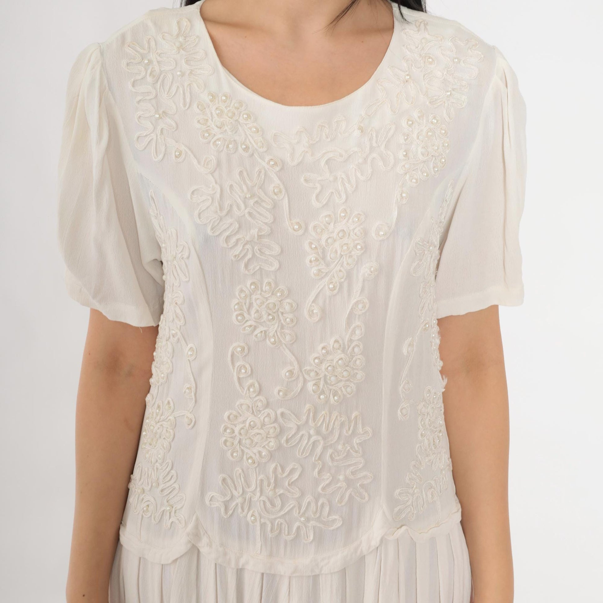 90s Sarin White Beaded Soutache Midi Dress Puff Sleeve Low Waist Small