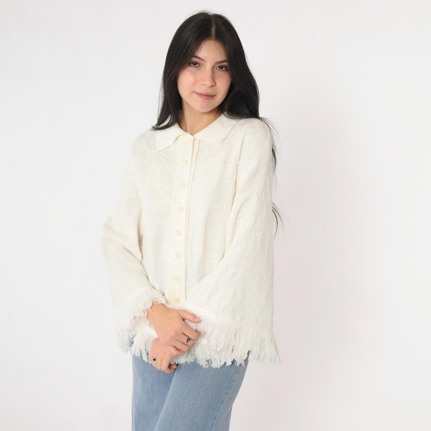 70s White Knit Poncho Button-Up Cape Fringe Trim One Size