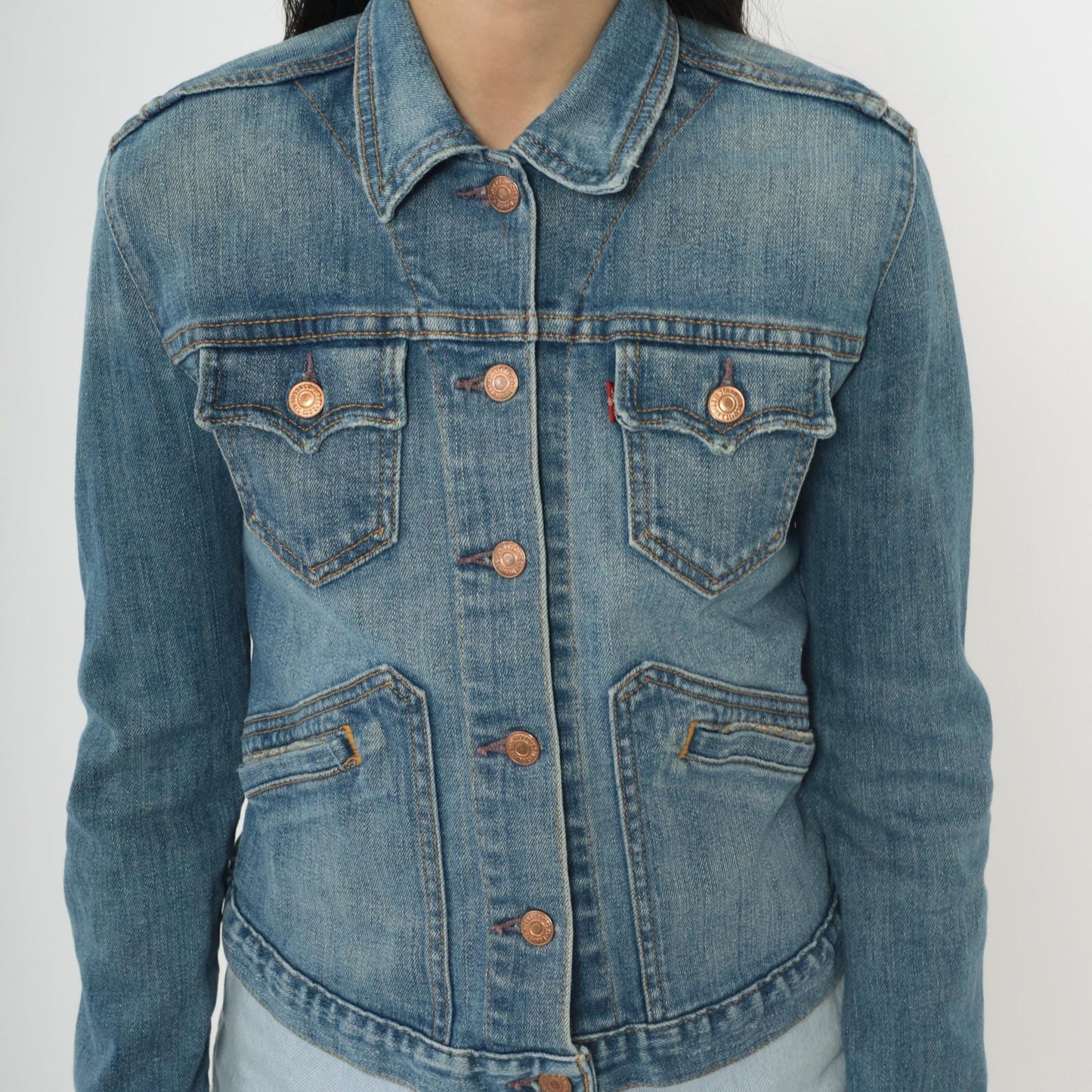 Y2K Levi's Denim Jacket Cropped Blue Jean Fitted Stretch Extra Small