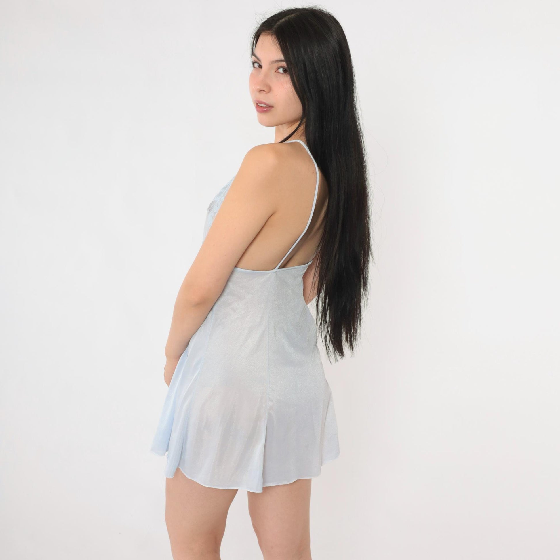1970s Light Blue Slip Dress Sheer Lace V-Neck Spaghetti Strap Mini Extra Small