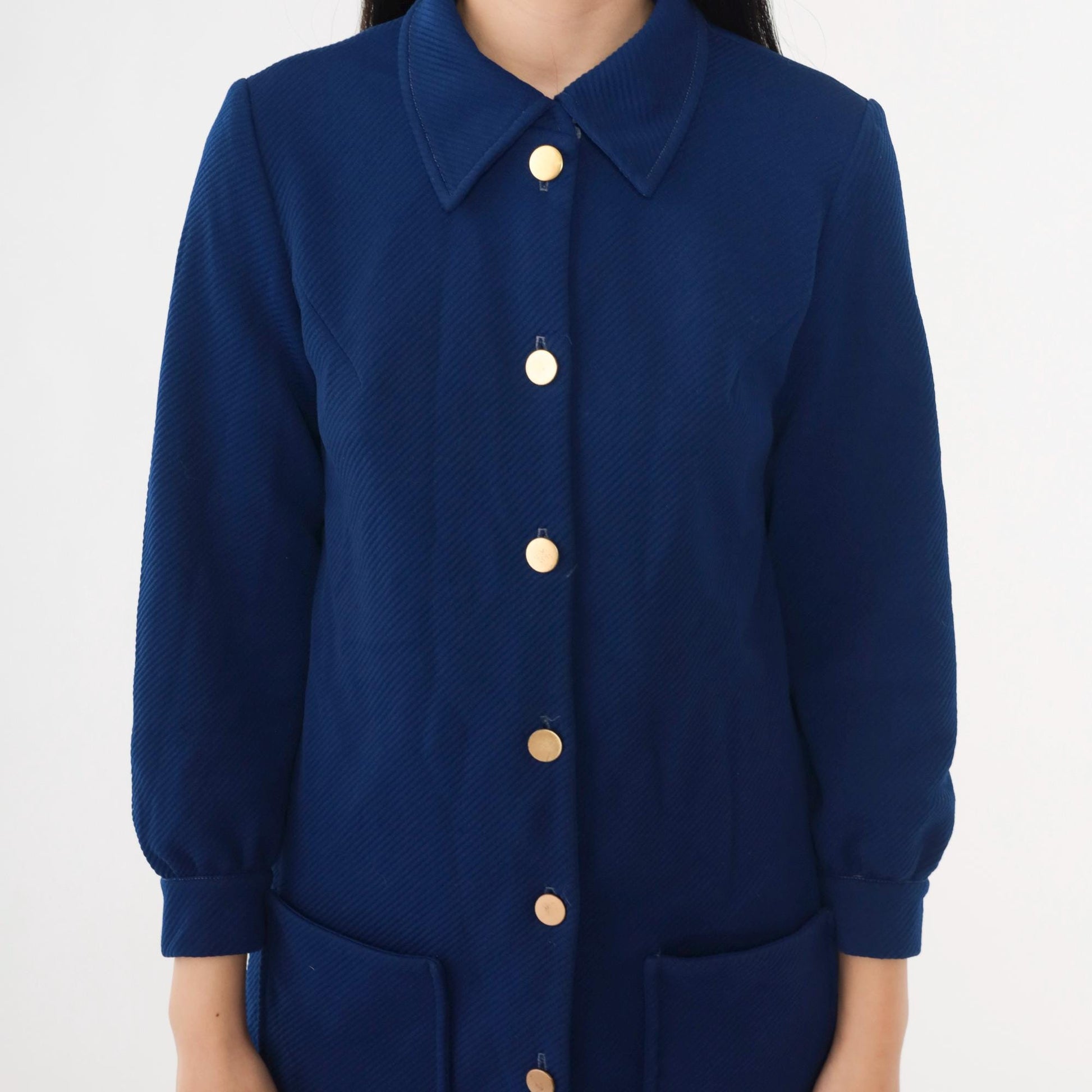 70s Mod Navy Mini Shift Dress Pointed Collar Long Sleeve Button Up Small Medium