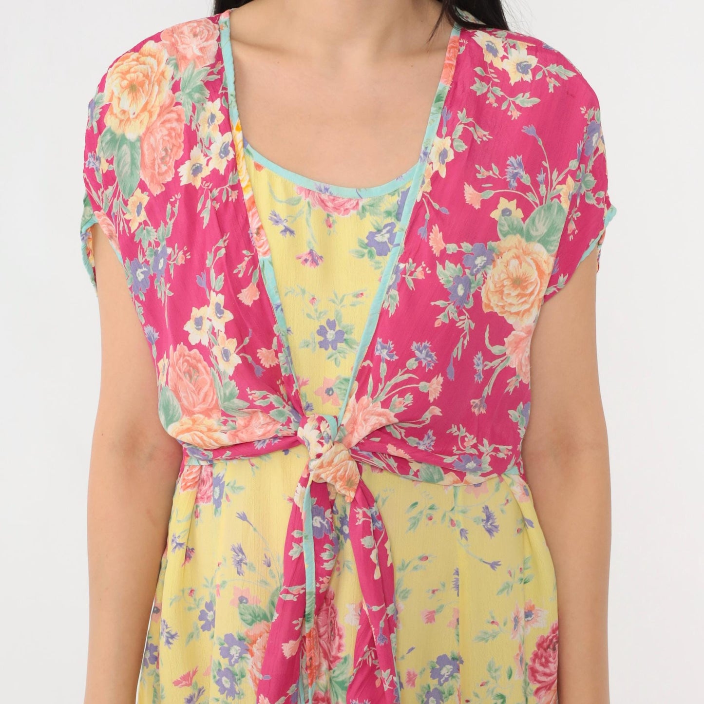 90s Bila Floral Maxi Dress Yellow Pink Rayon Tie Overlay Scoop Neck Large L
