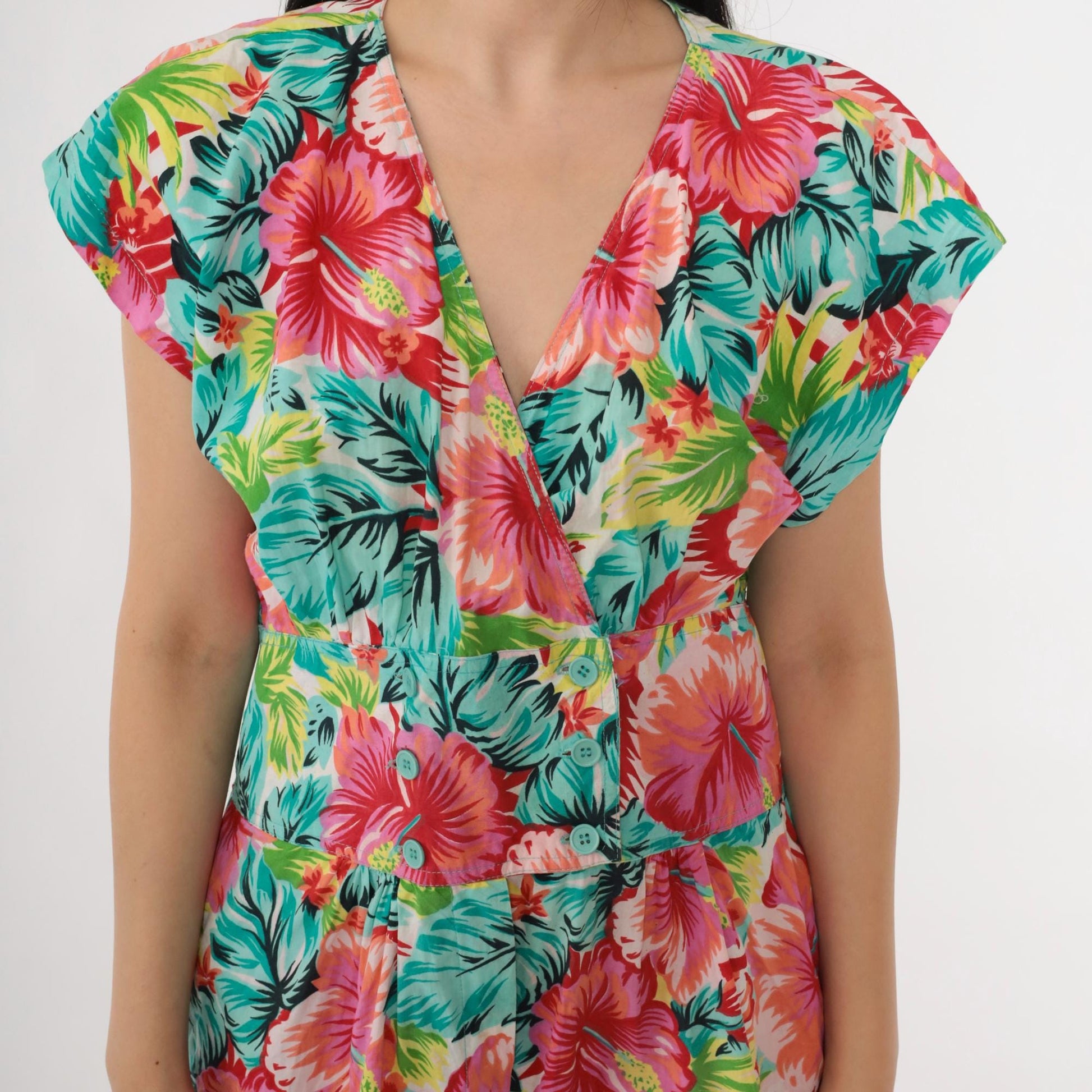 80s Tropical Floral Romper Playsuit Cotton Cap Sleeve High Waist Medium