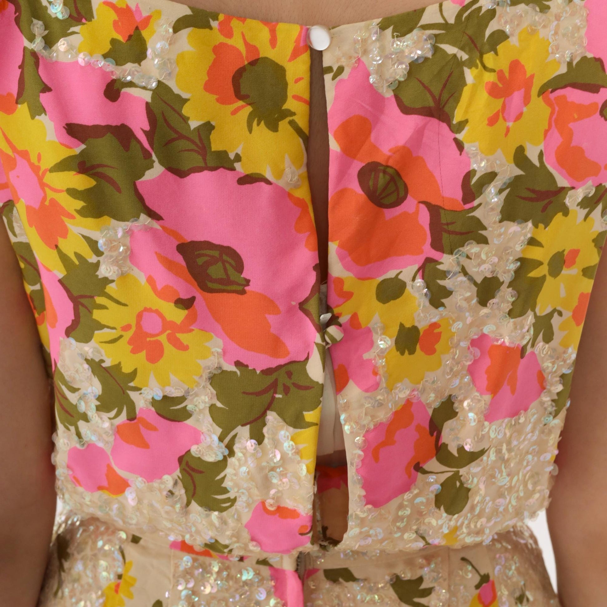 60s Pat Sandler Floral Sequin Cocktail Dress Cream Pink Yellow Extra Small