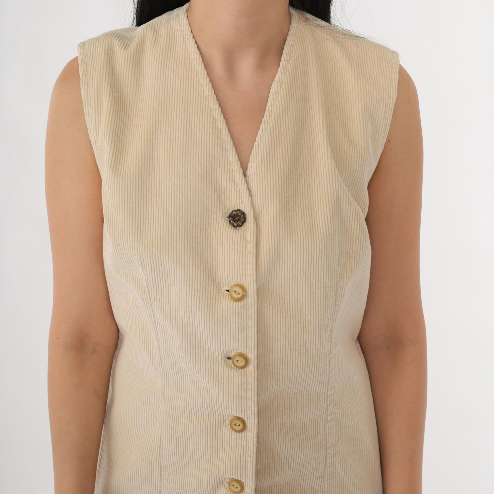 90s Beige Corduroy Button-Up Dress Sleeveless Knee-Length Jumper Small S