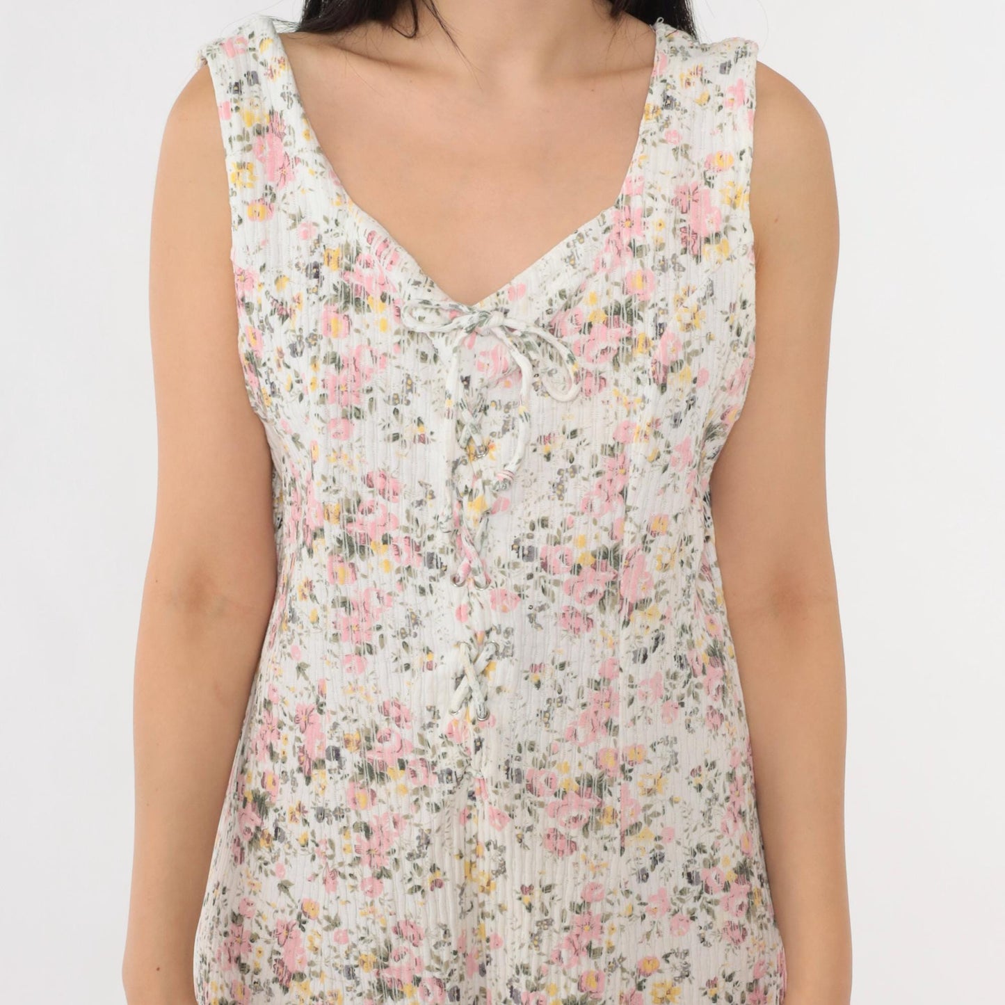 90s Evans Floral Romper White Lace-Up Corset Bodice Wide Leg Medium Large