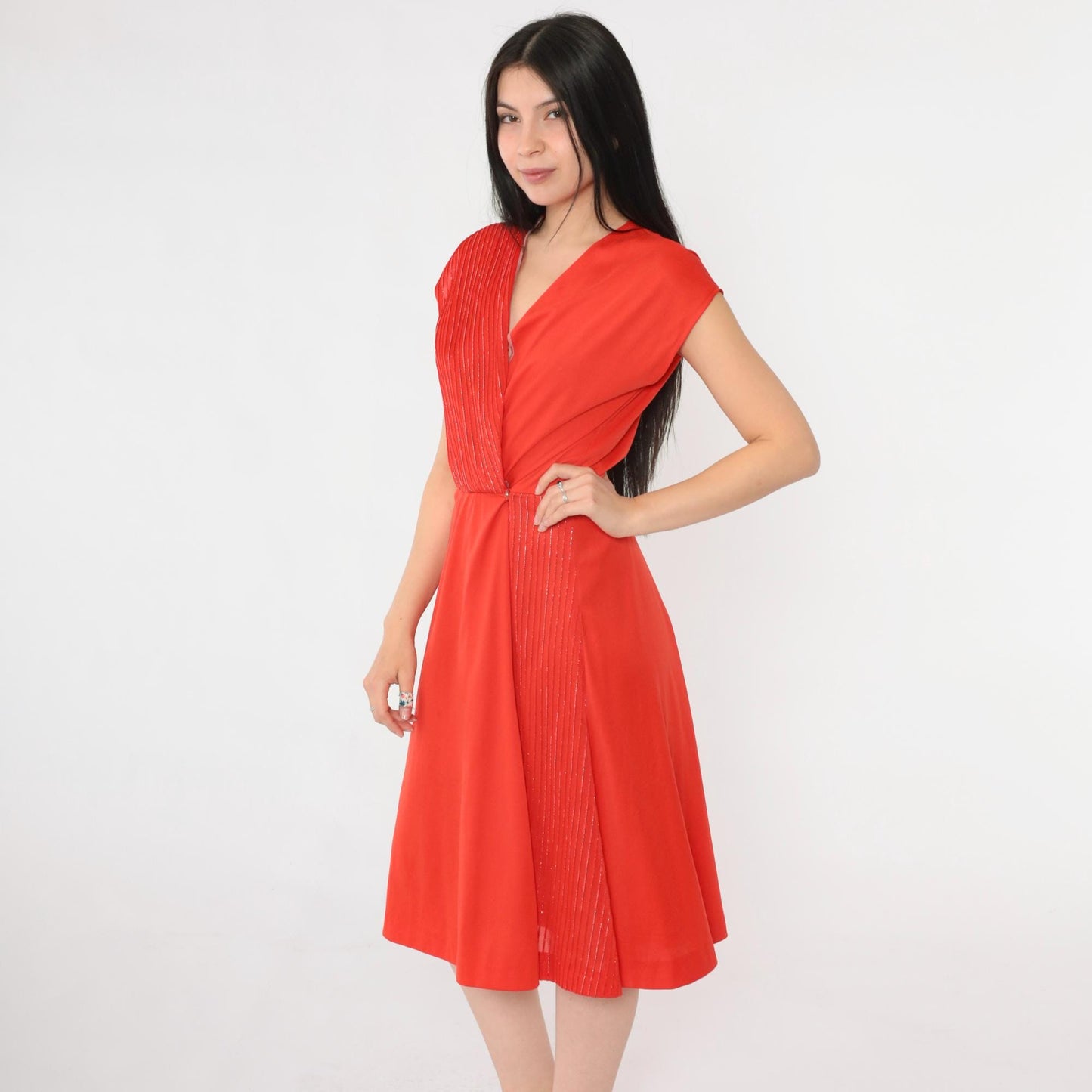 70s Red Metallic Striped Wrap Dress V Neck Midi Cap Sleeve Small