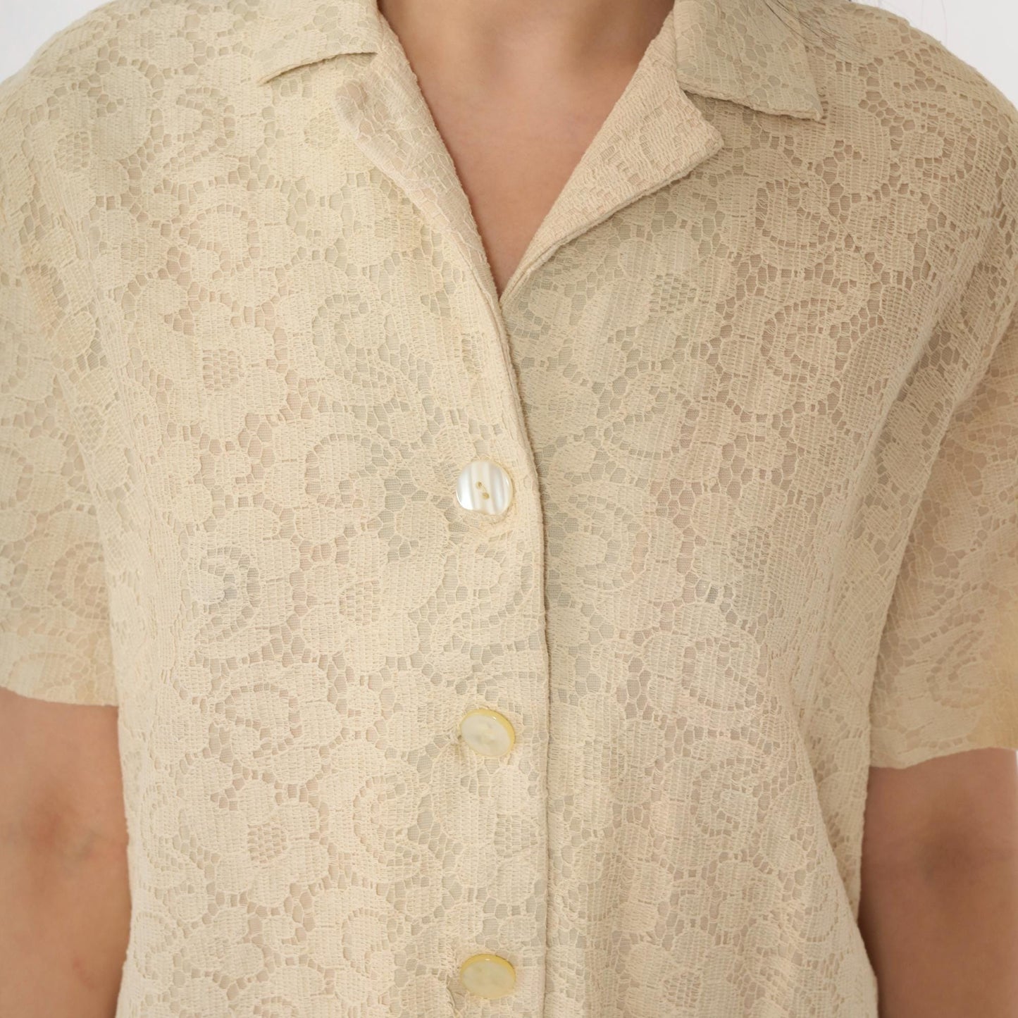60s Cream Lace Shift Dress Button Front Knee Length Short Sleeve Medium M