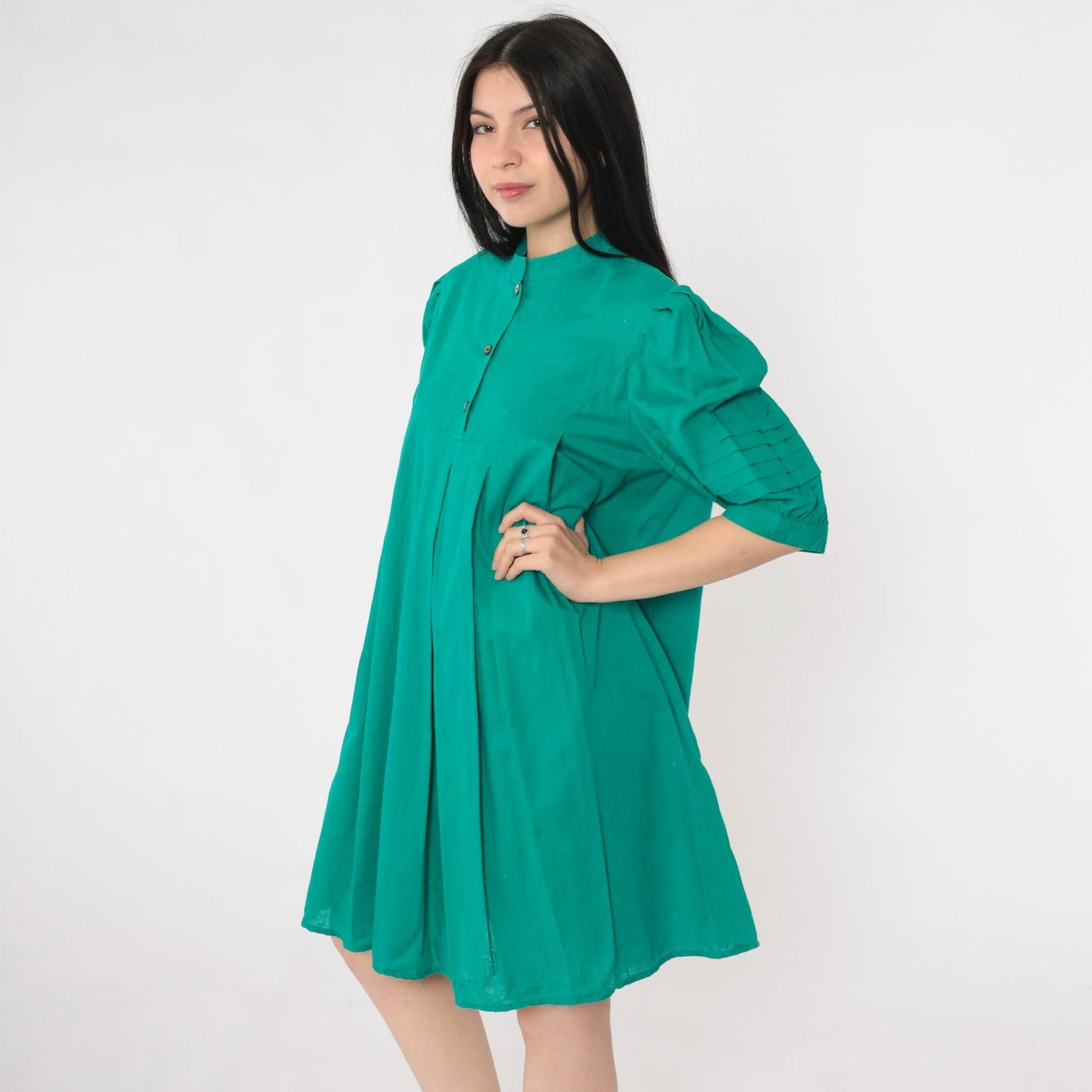 80s Jordache Green Puff Sleeve Mini Dress Pleated Tent Cut Button Bib Medium