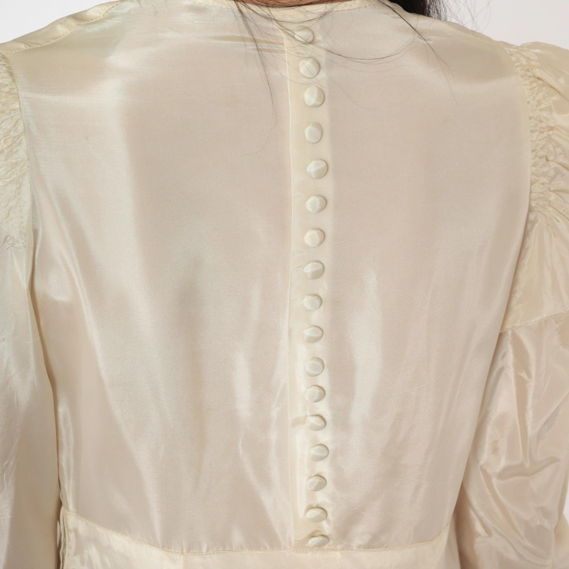 1940s Cream Satin Wedding Dress Puff Sleeve Sweetheart Neckline Maxi Medium