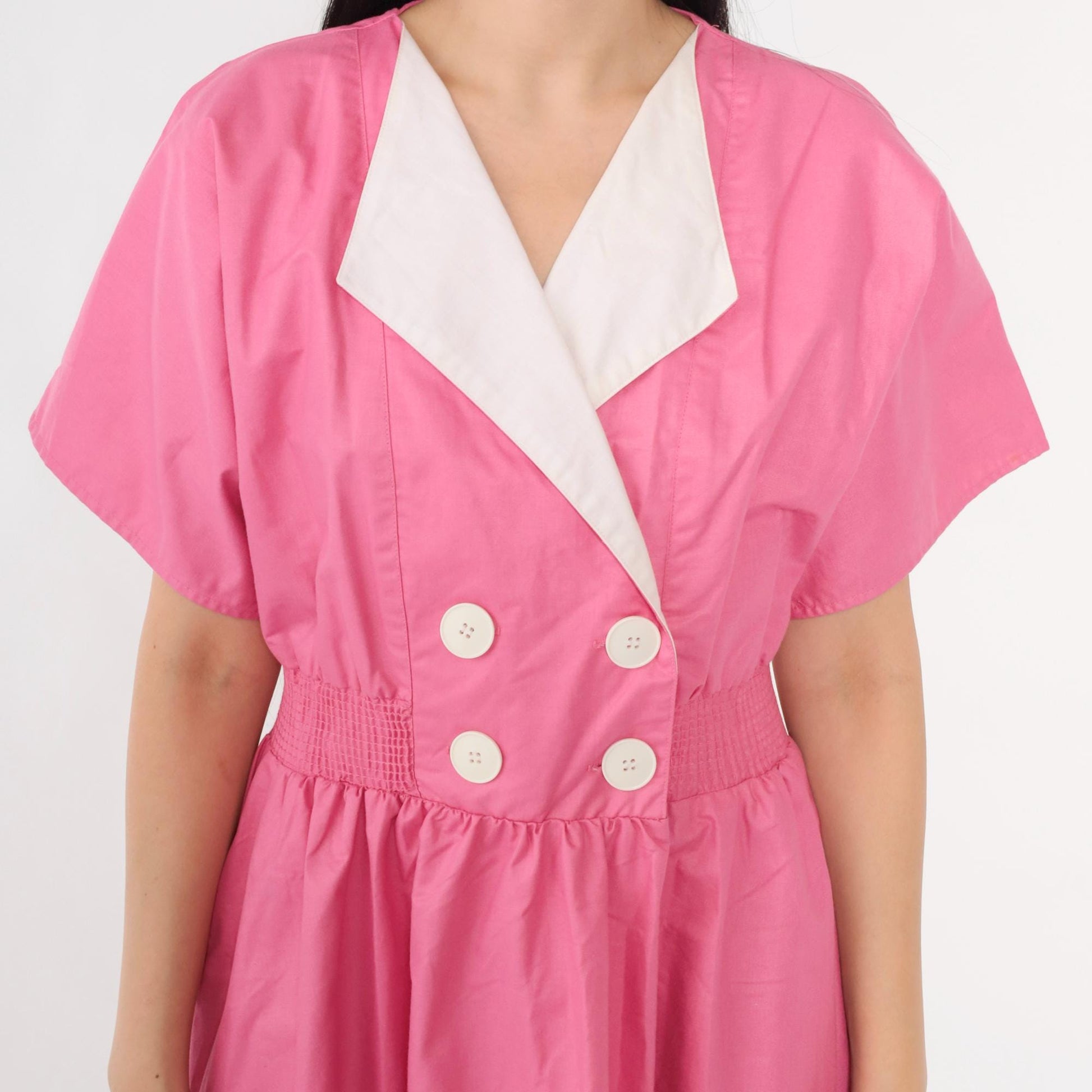 80s Pink Poplin Midi Dress White Lapel Double Breasted Elastic Waist Small