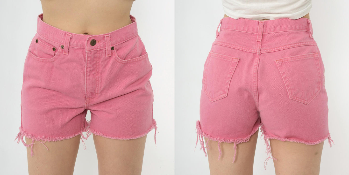 90s Pink Denim Cut-Off Shorts High Rise Frayed Hem Small S