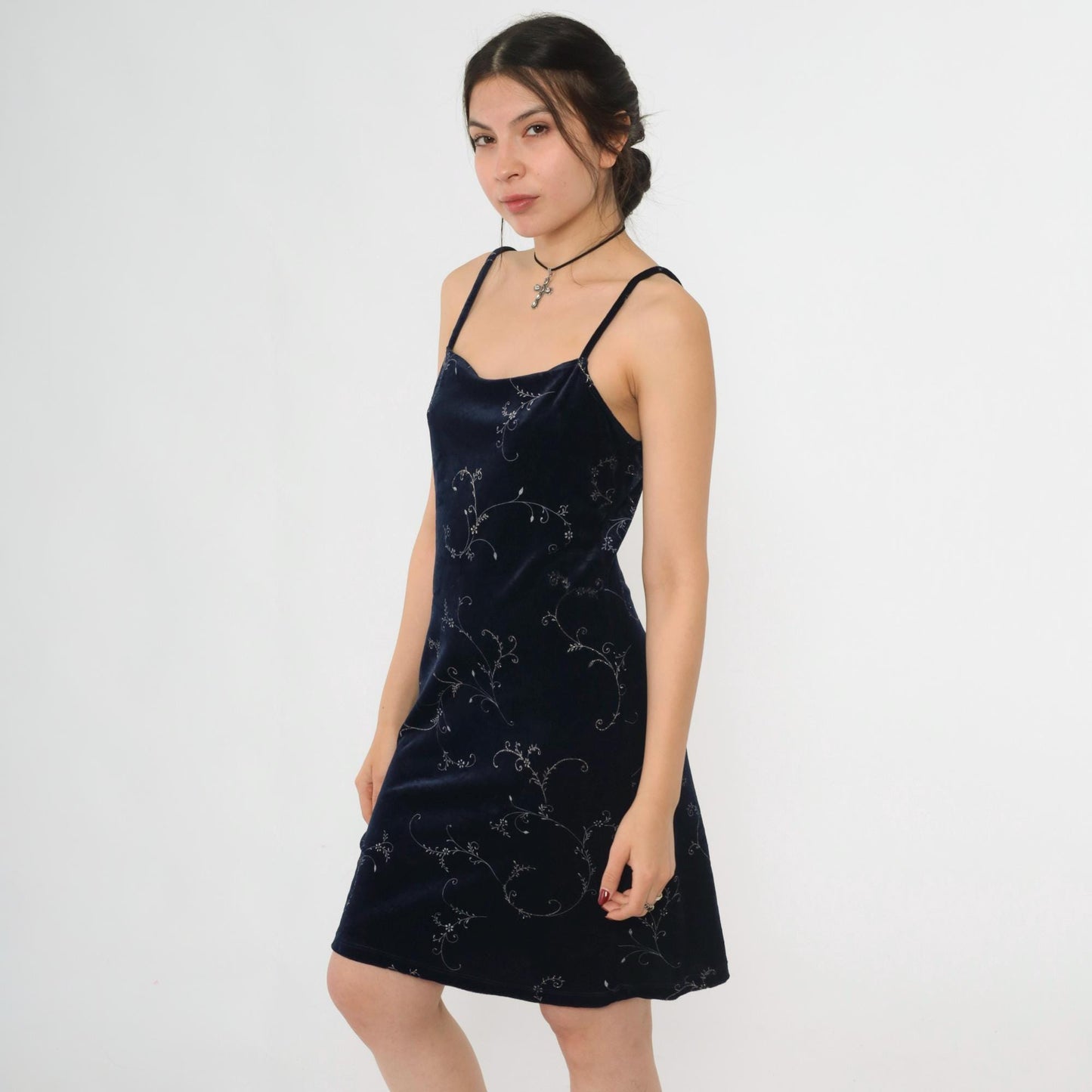 Y2K Navy Velvet Mini Dress Glittery Floral Spaghetti Strap Sheath Large