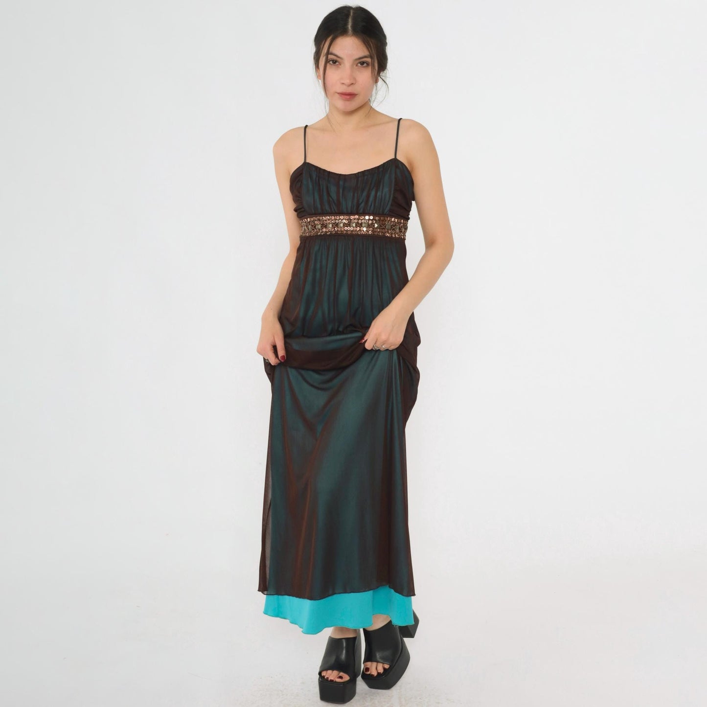 Y2K Teal Sequin Beaded Maxi Party Dress Brown Mesh Overlay Spaghetti Strap Large