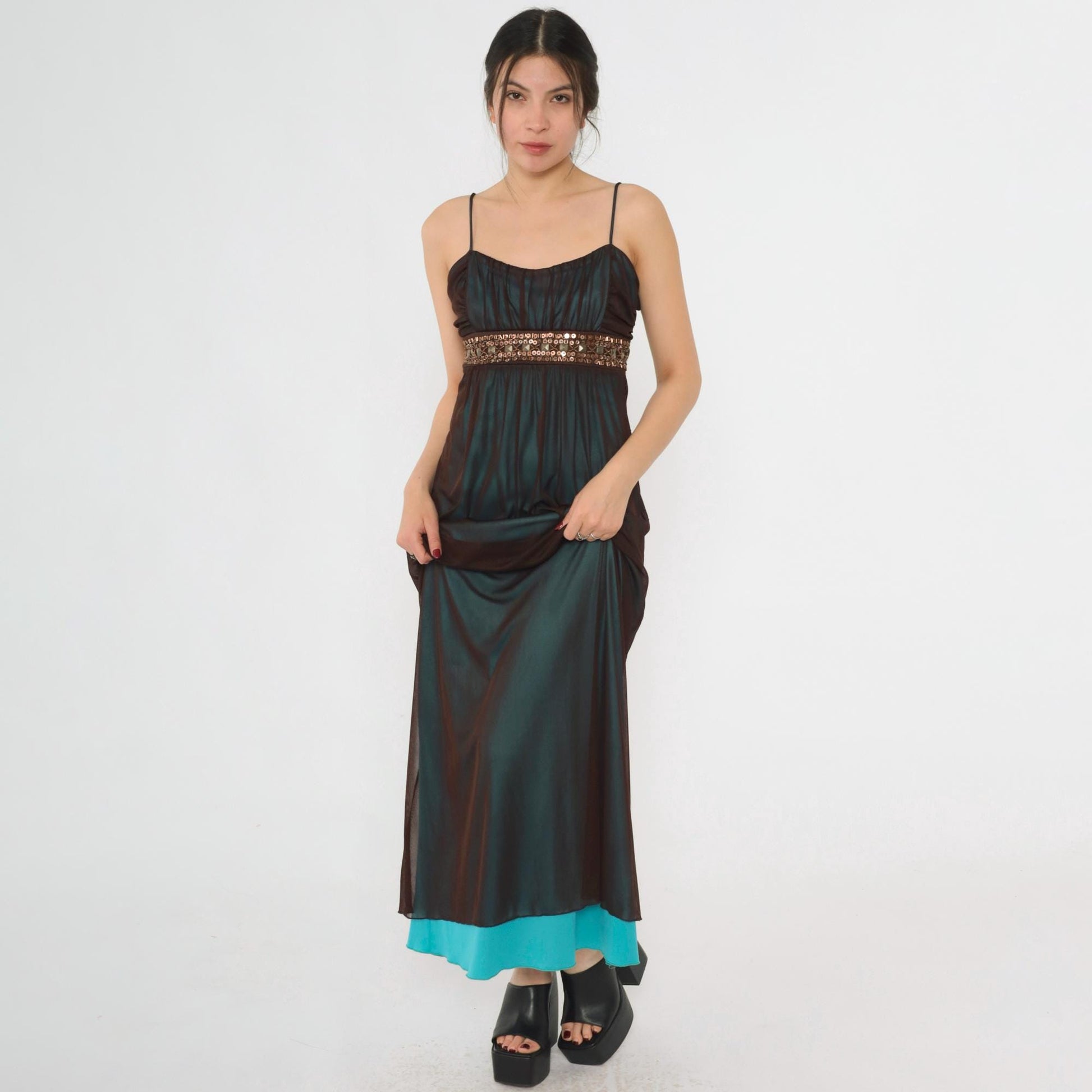 Y2K Teal Sequin Beaded Maxi Party Dress Brown Mesh Overlay Spaghetti Strap Large