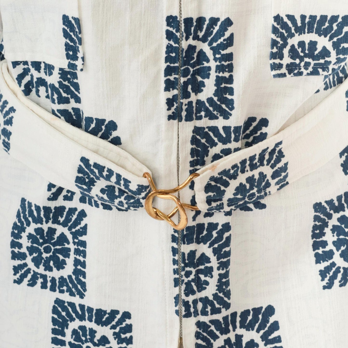70s Iolani Hawaii Navy Sunburst Cotton Zip Shirt Geometric Print Large