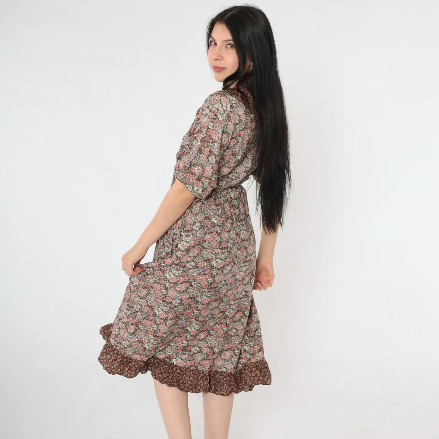 70s Oops California Floral Peasant Midi Dress Brown Pink Necktie Small