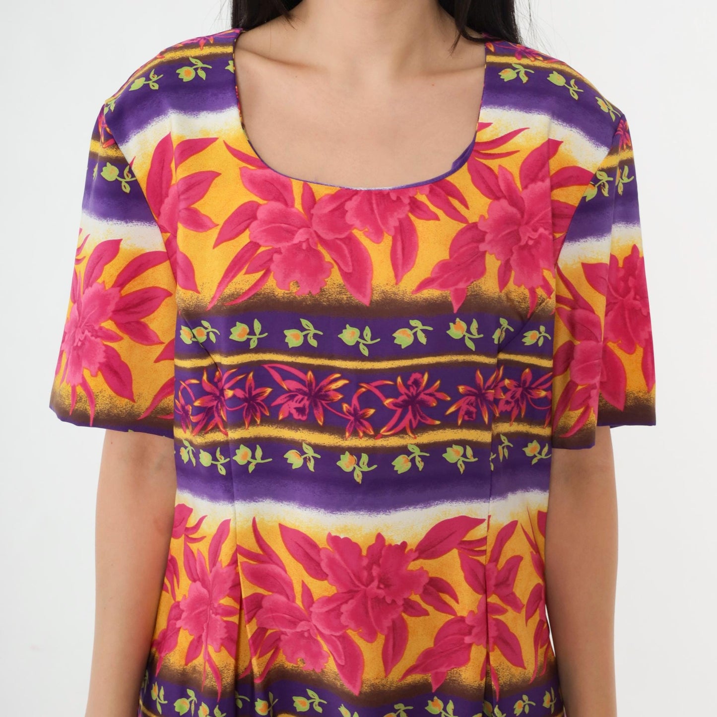 90s Sag Harbor Floral Striped Shift Dress Short Sleeve Mini Scoop Neck Large