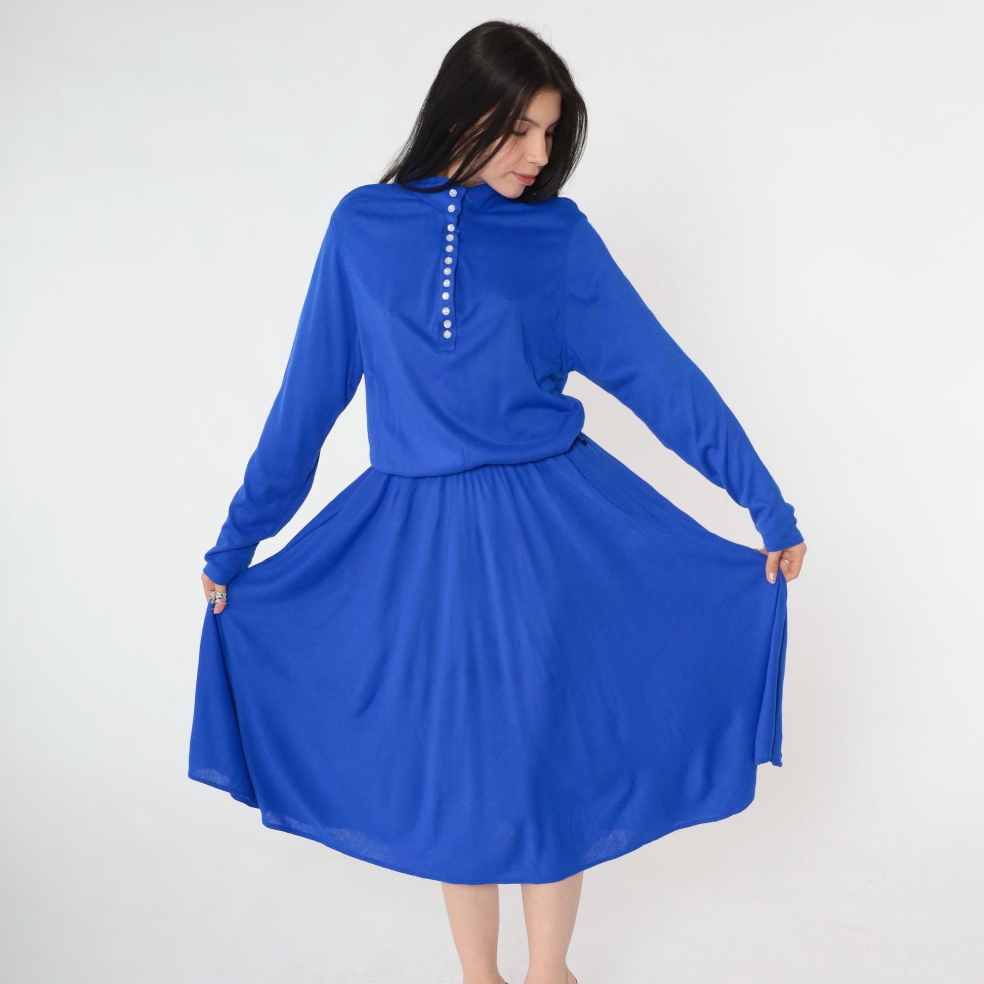 80s Royal Blue Midi Shirtdress Button-Up High Elastic Waist Long Sleeve Medium