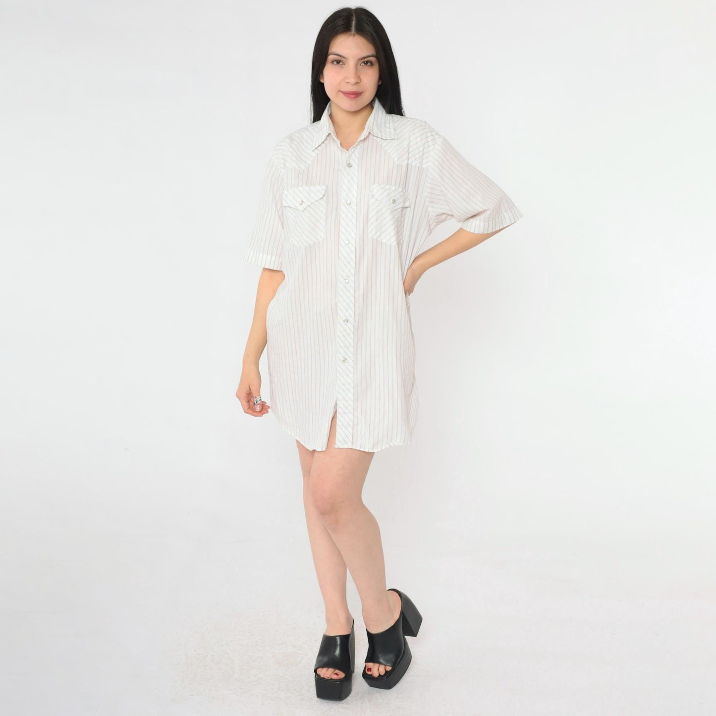 80s Corral West Ranchwear Pearl Snap Western Shirt Striped White Large