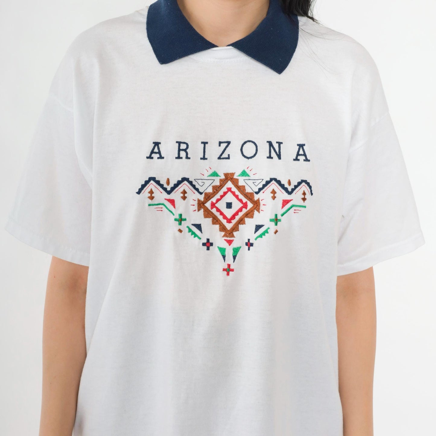 Y2K Arizona Embroidered Graphic T-Shirt White Collared Tee Large L
