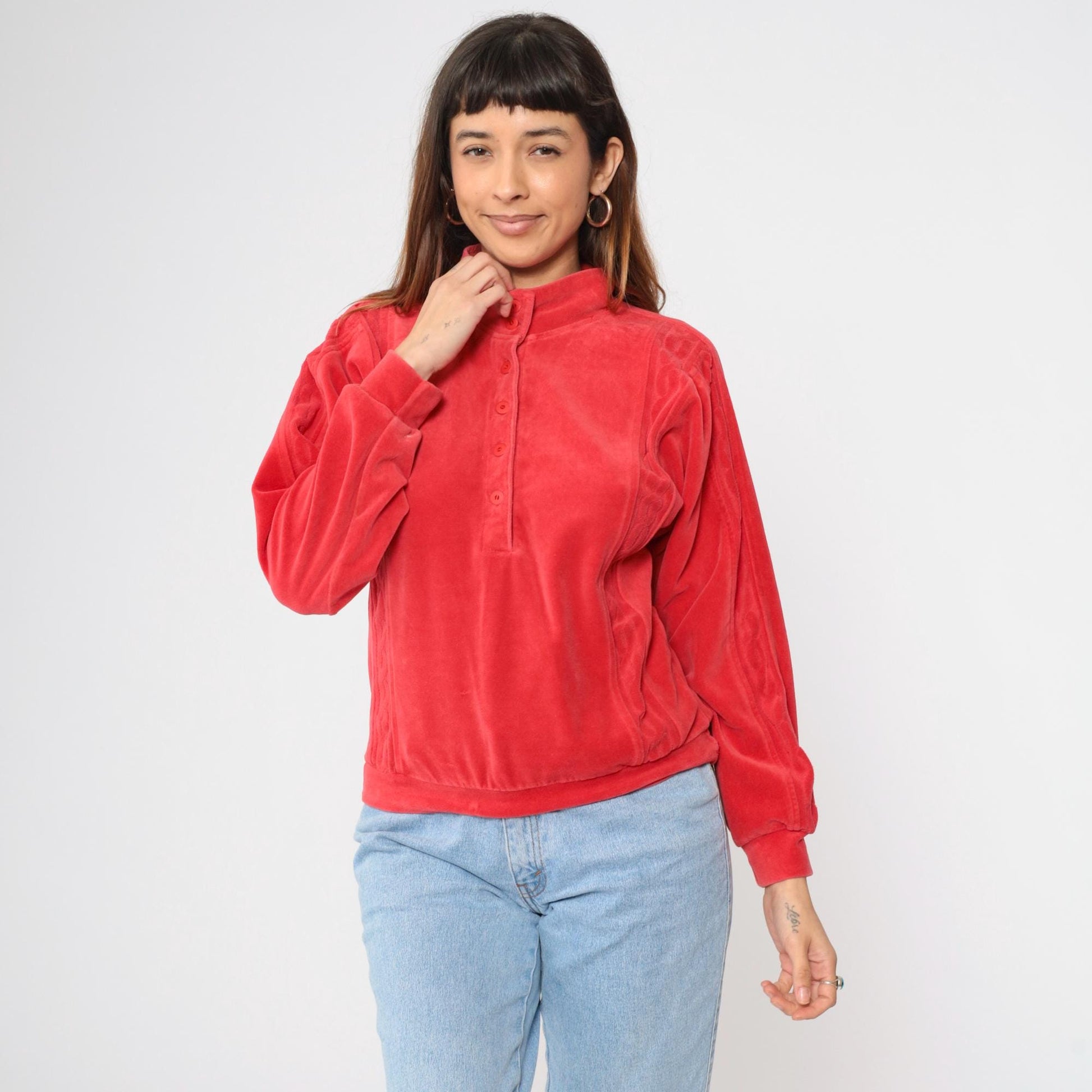 80s Red Velour Mock Neck Sweatshirt Button Front Pullover Medium M