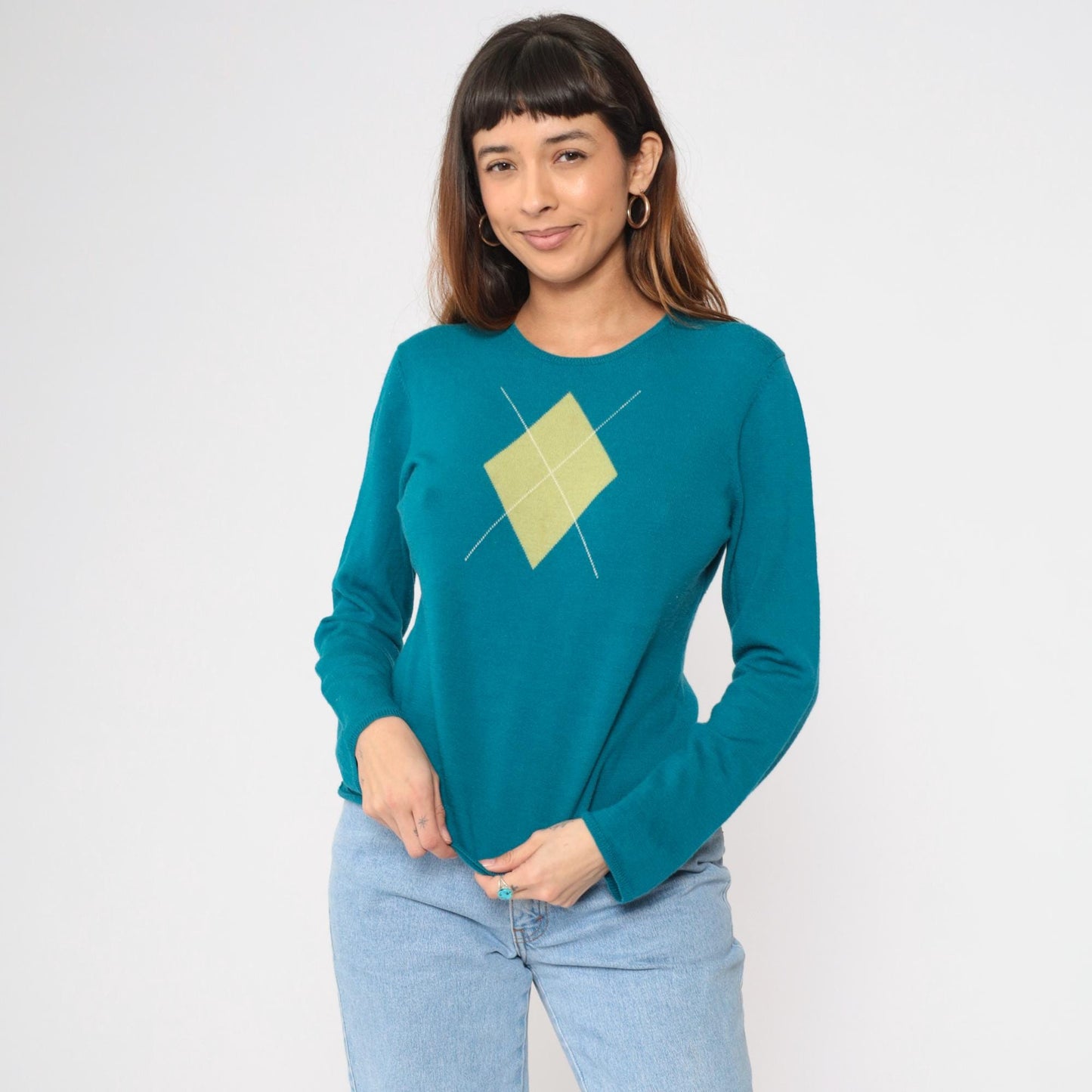 Charter Club Teal Argyle Wool Pullover Crewneck Sweater Large L