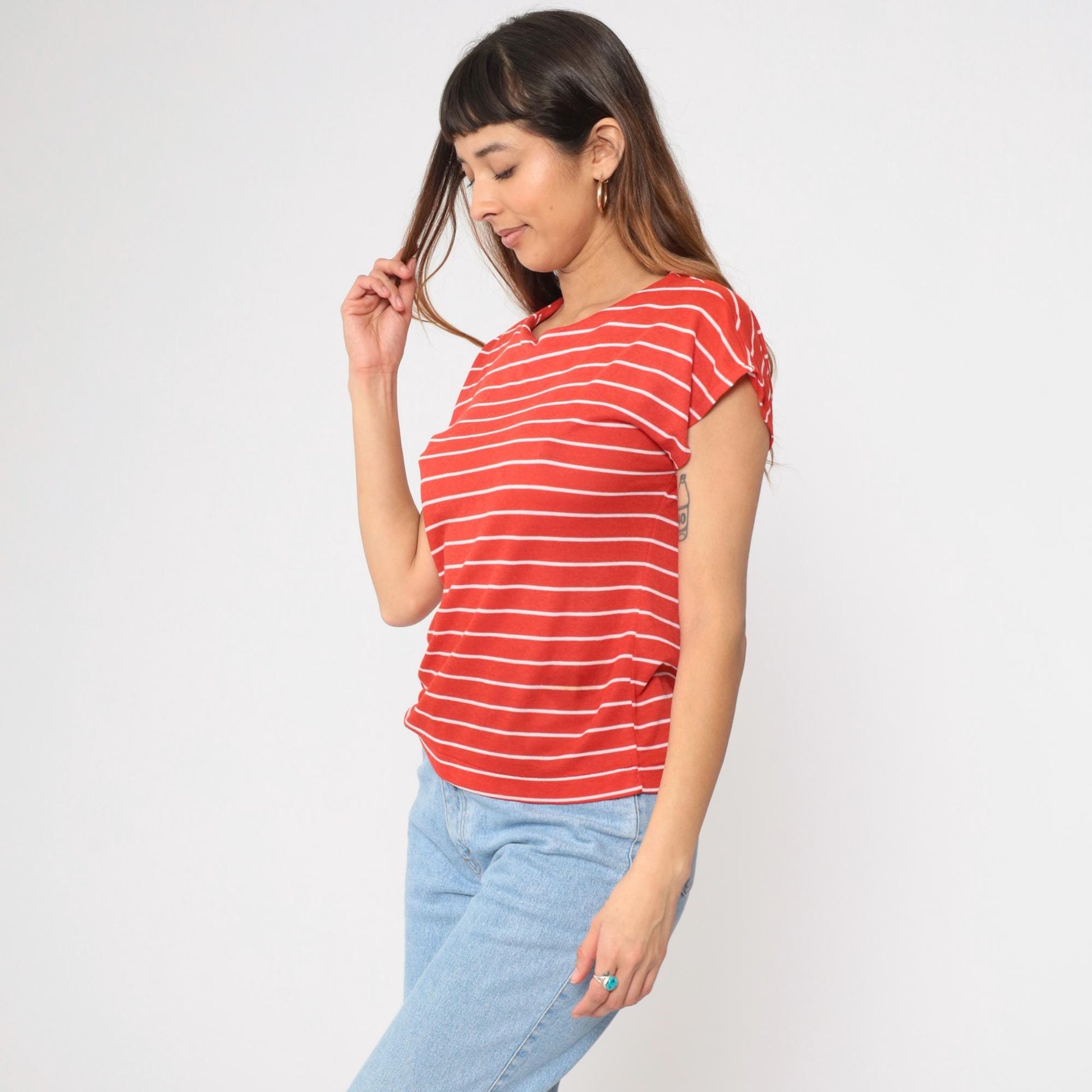 80s Red White Striped Cap Sleeve T-Shirt Gotham Vintage Small