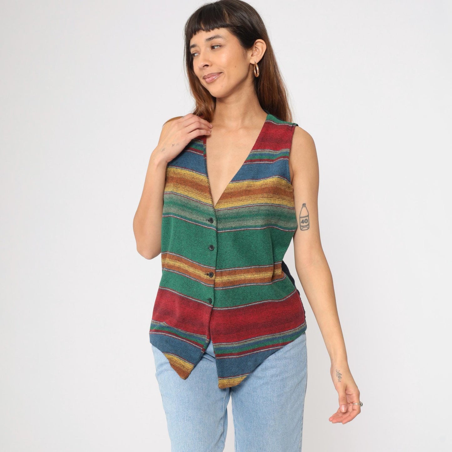 90s Striped Southwestern Woven Vest Multicolor V-Neck Button-Up Small