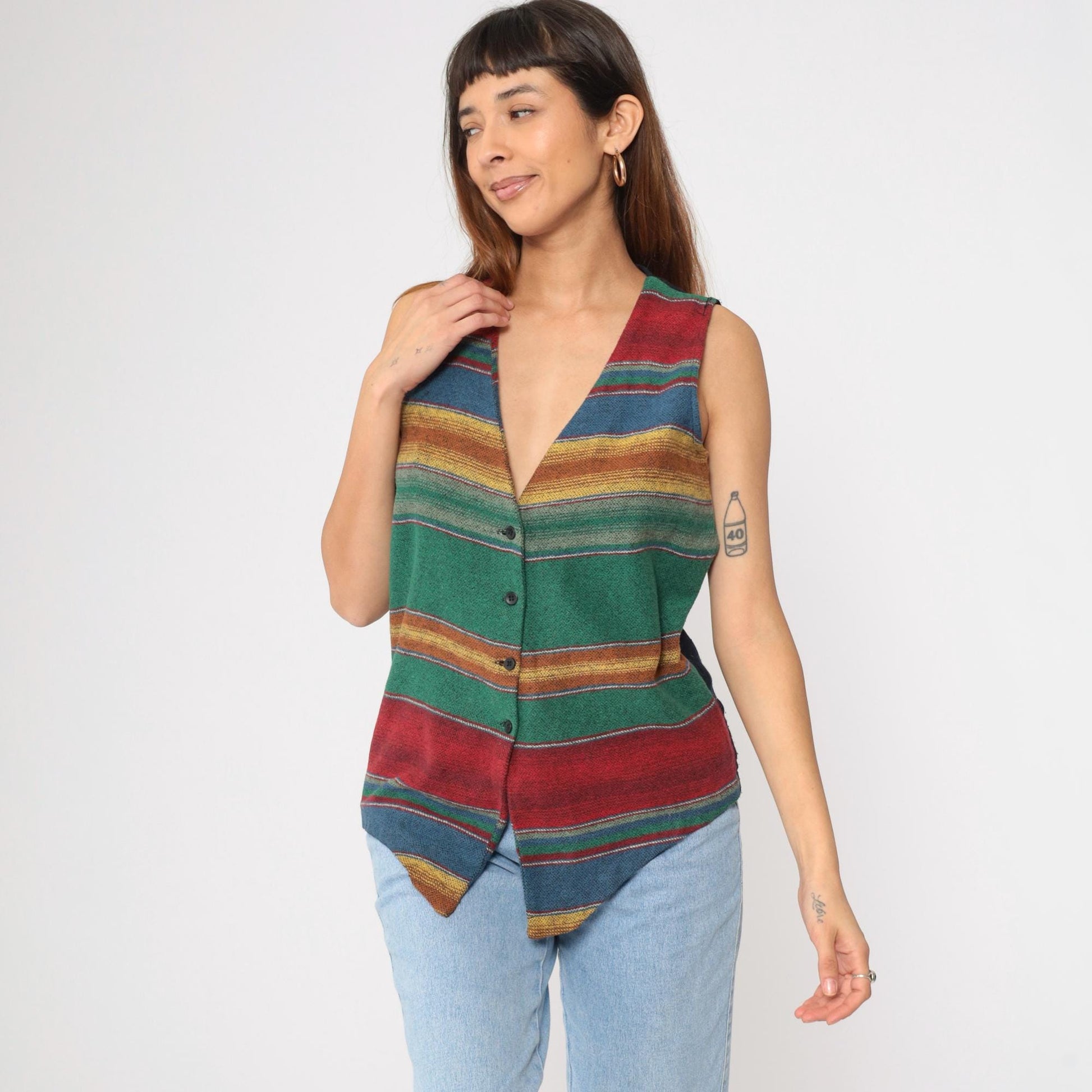 90s Striped Southwestern Woven Vest Multicolor V-Neck Button-Up Small