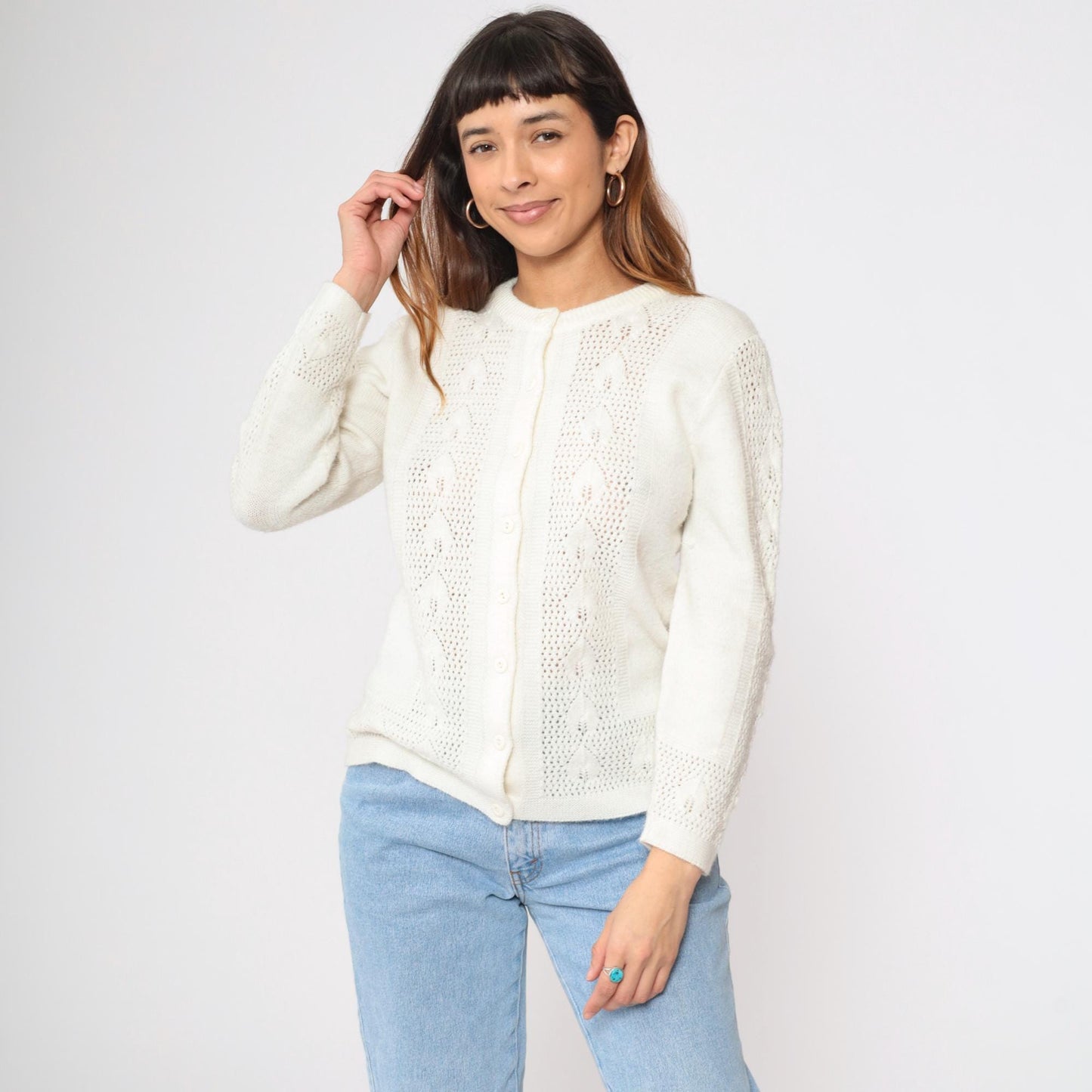 80s White Openwork Cardigan Leaf Motif Button-Up Crew Neck Small