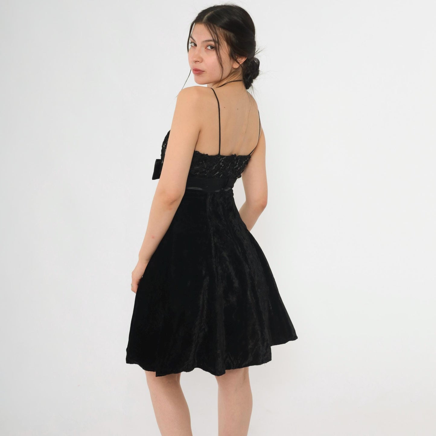 80s Black Velvet Lace Sequin Mini Dress Sweetheart Spaghetti Strap Empire Waist Extra Small