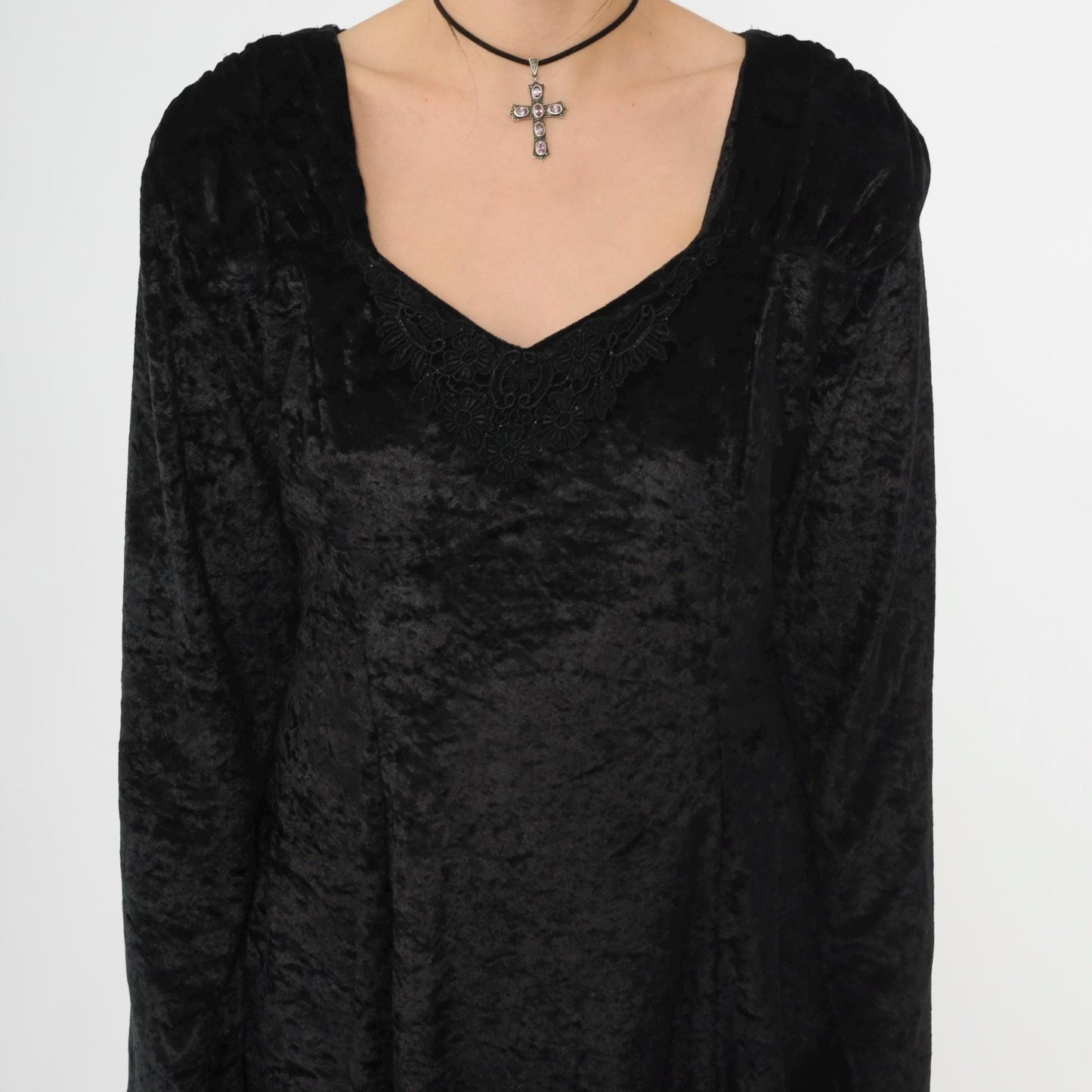 90s Black Crushed Velvet Mini Dress Lace Trim Long Sleeve Medium M