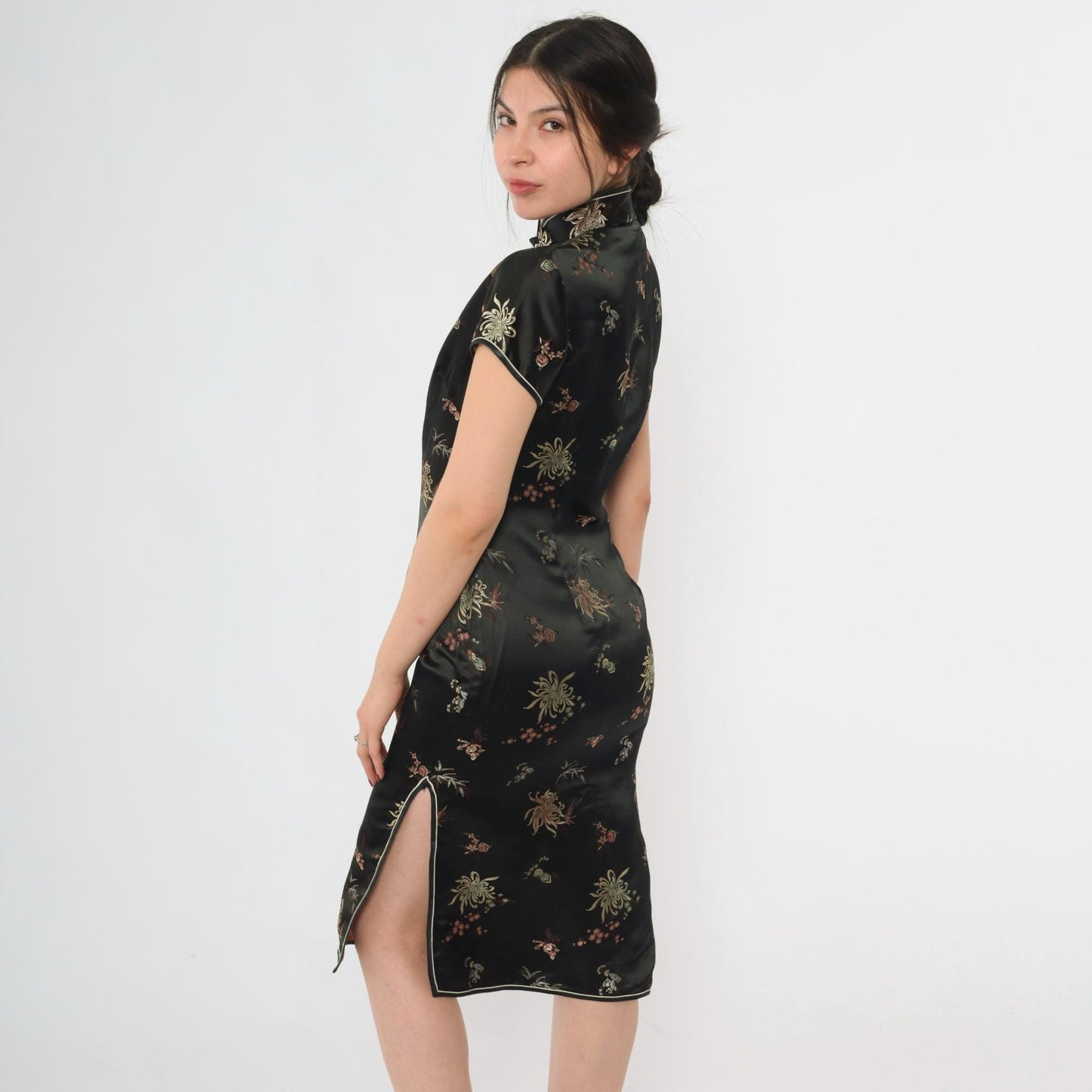 90s Black Silk Cheongsam Midi Dress Floral Embroidery Mandarin Collar Extra Small