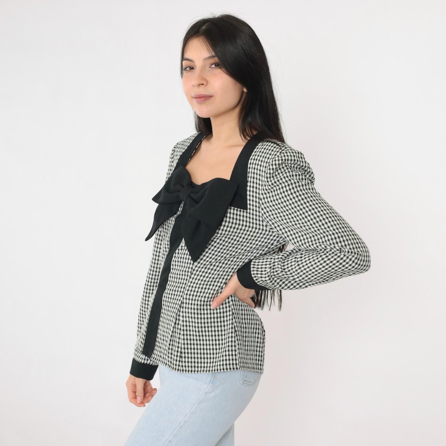90s Black Gingham Bow Blouse Long Sleeve Checkered Shirt Medium 8