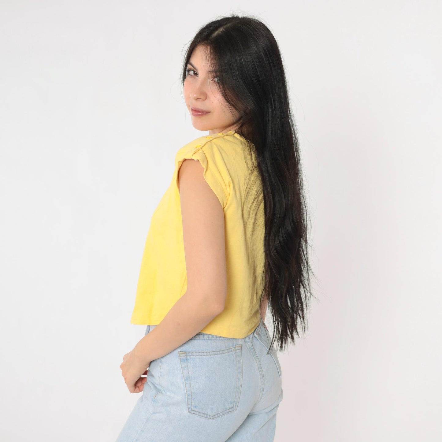 80s Yellow Asymmetric Hem Cap Sleeve Crop Top Cotton Blend Small S