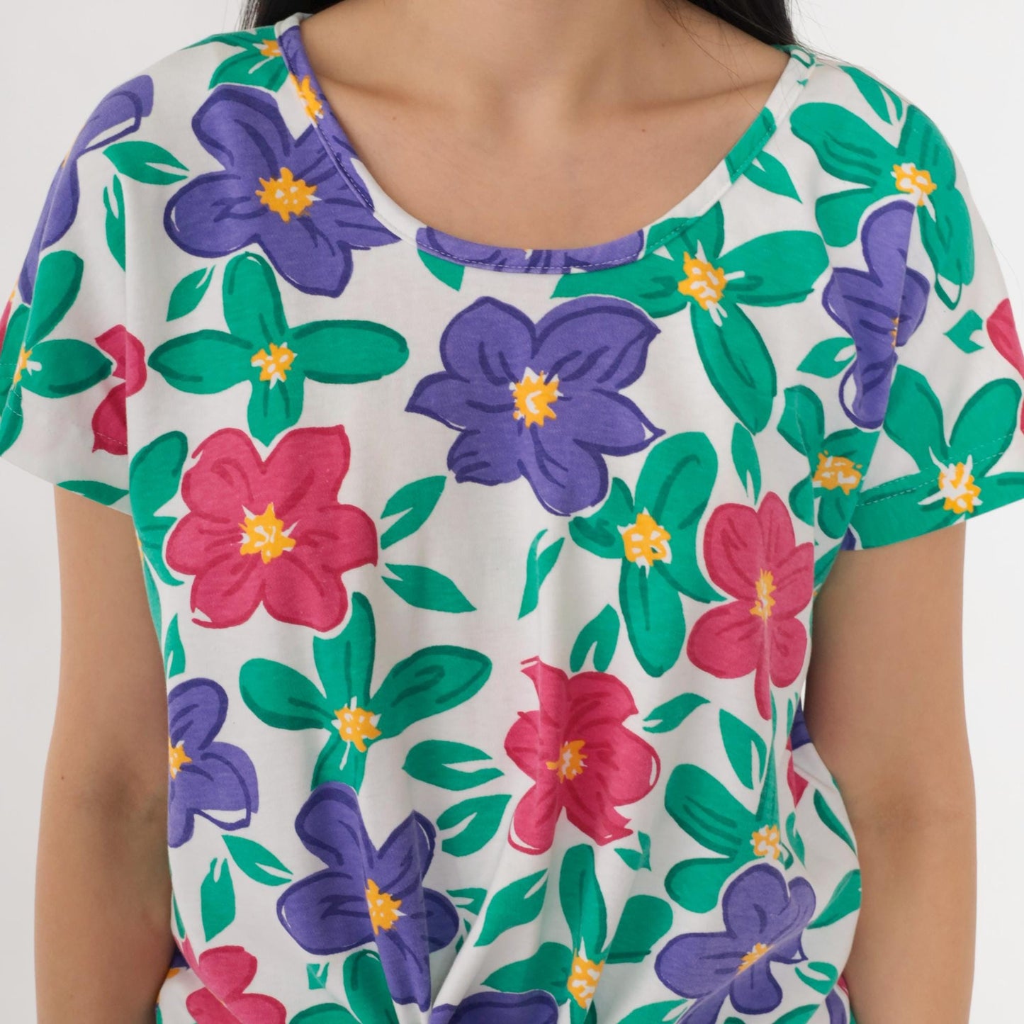 90s Aileen Petites Floral Tie Waist Graphic Tee White Short Sleeve Medium