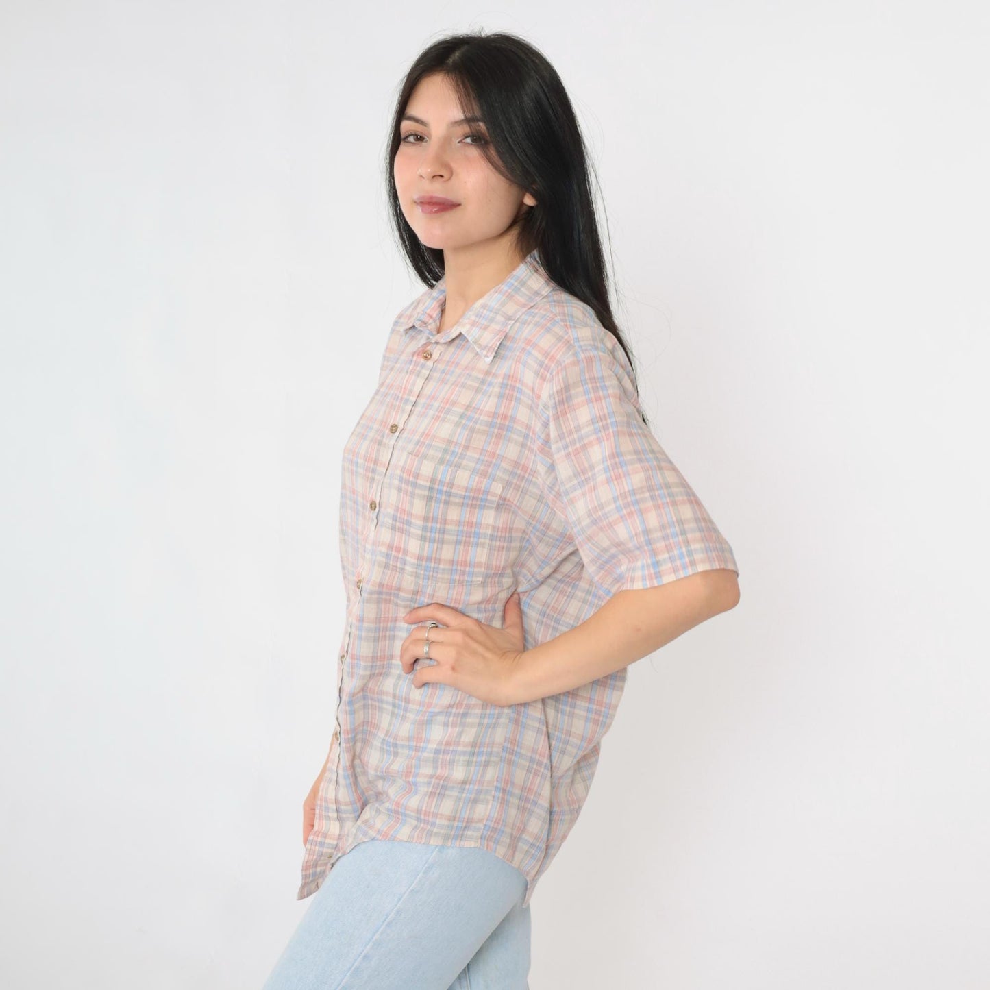80s Cream Plaid Button-Up Shirt Pink Blue Checkered Short Sleeve Medium