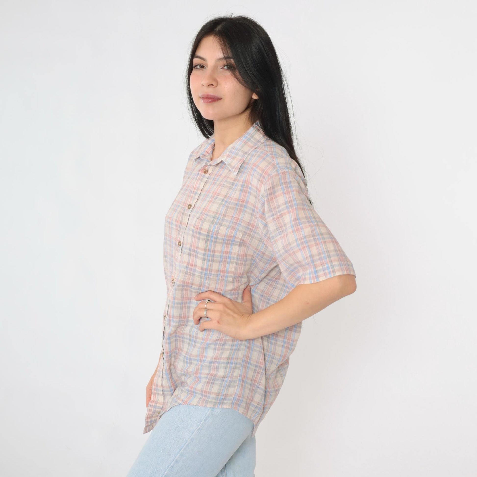 80s Cream Plaid Button-Up Shirt Pink Blue Checkered Short Sleeve Medium
