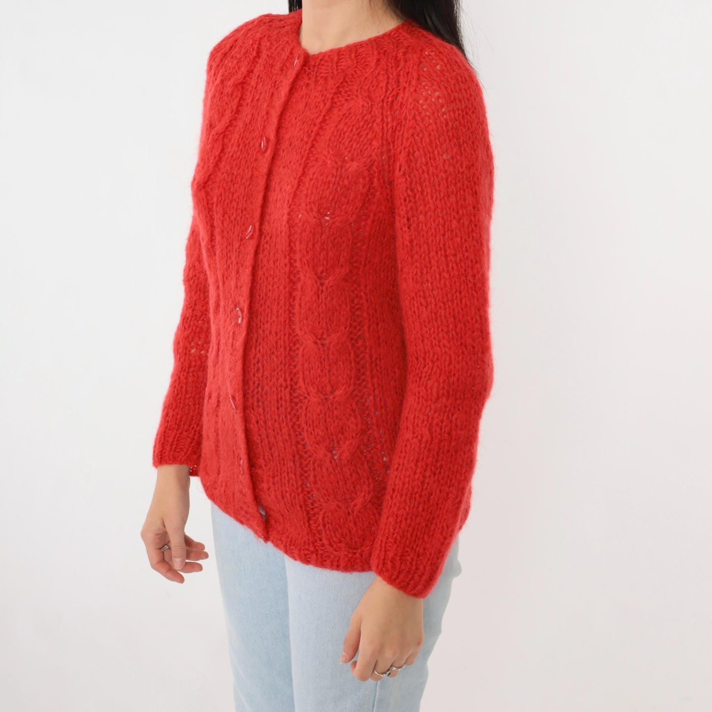 70s Carol Brent Wool Mohair Cable Knit Cardigan Red Semi-Sheer Extra Small