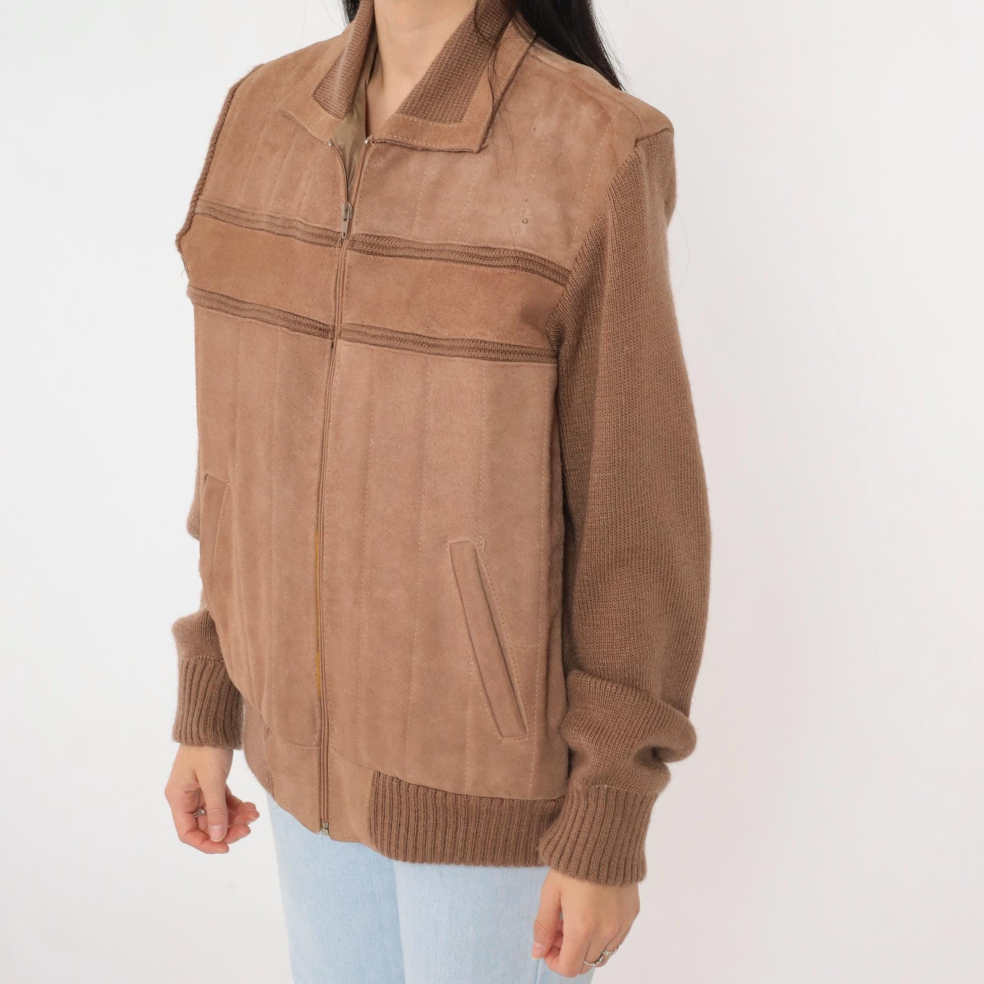 80s Repage Brown Suede Leather Bomber Jacket Striped Knit Medium