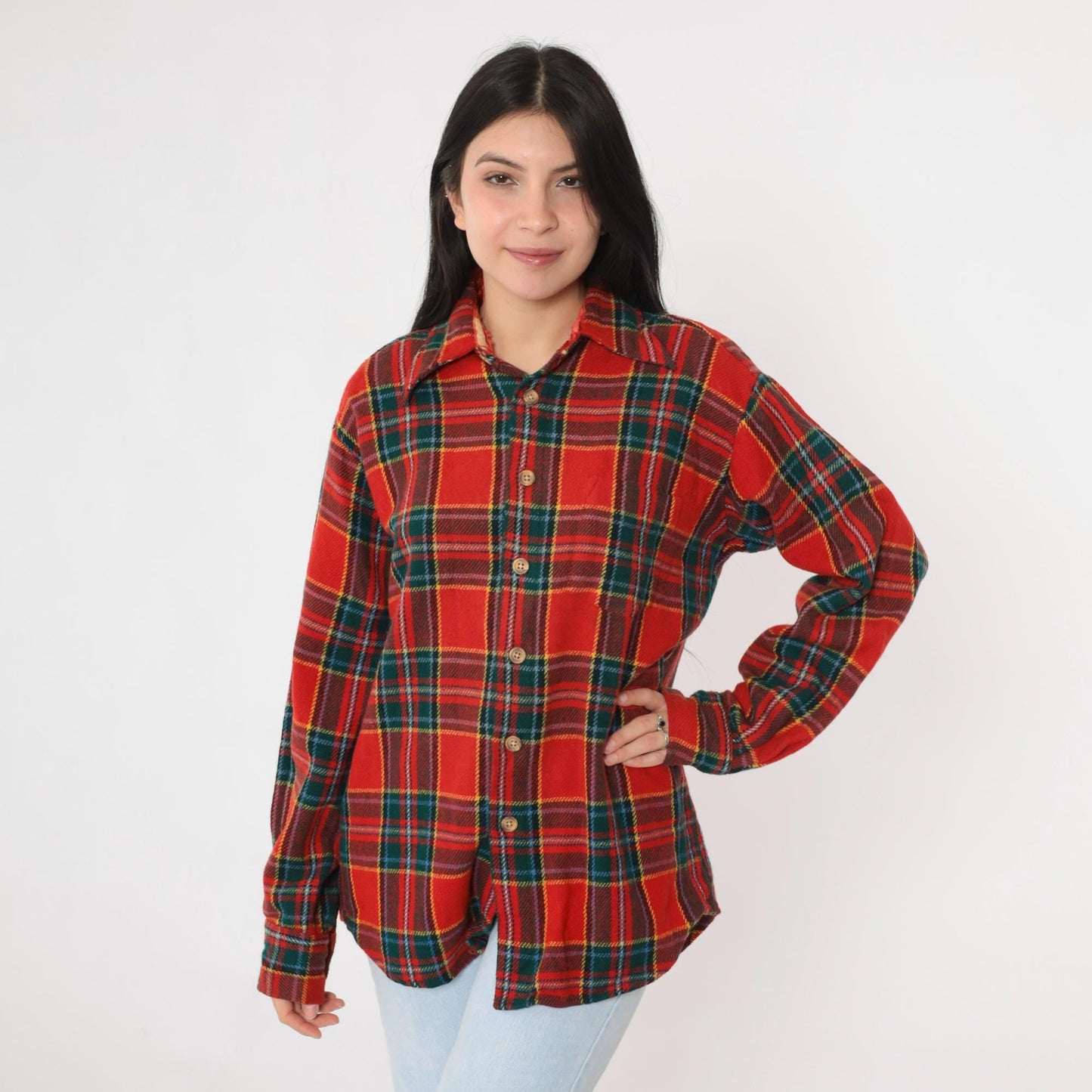 70s Red Plaid Wool Shirt Button Up Long Sleeve Tartan Large