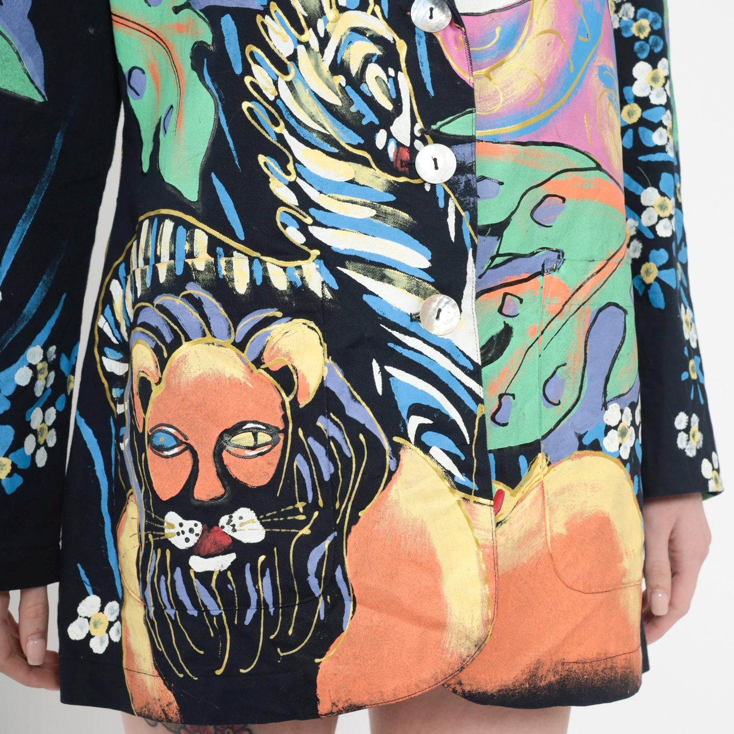 90s Kolorway Painted Jungle Animal Blazer Cotton Lion Zebra Medium M